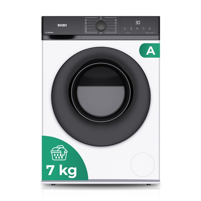 Lavadora Carga Frontal Svan, SL7205AIDV, 7 Kg, 1200 rpm, Clase A, Inverter, Display LED, Big Door, Blanco