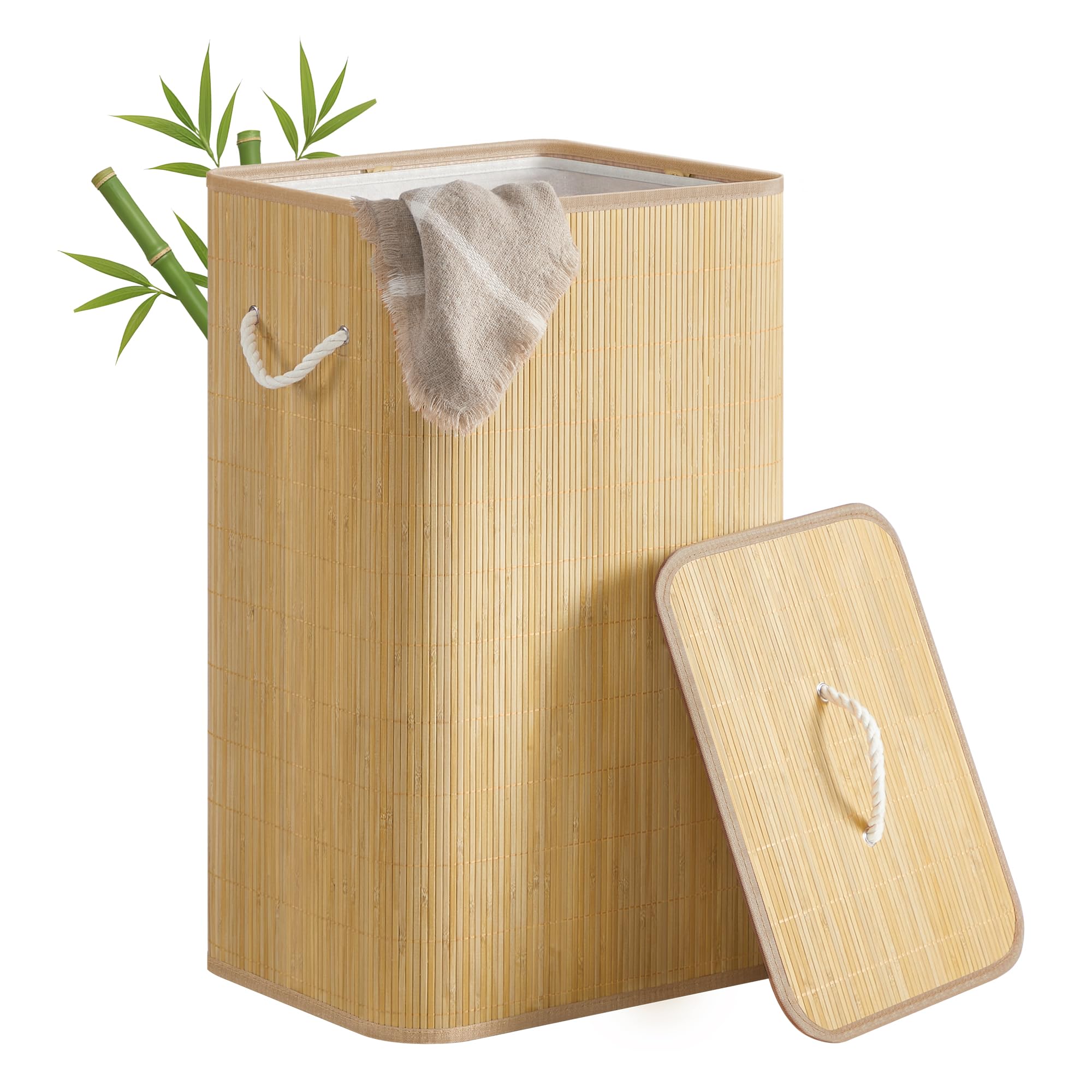 Leroy Merlin Cesto ropa sucia, bambú, tapa, 90l, plegable, bolsa extraíble, rectangular, natural