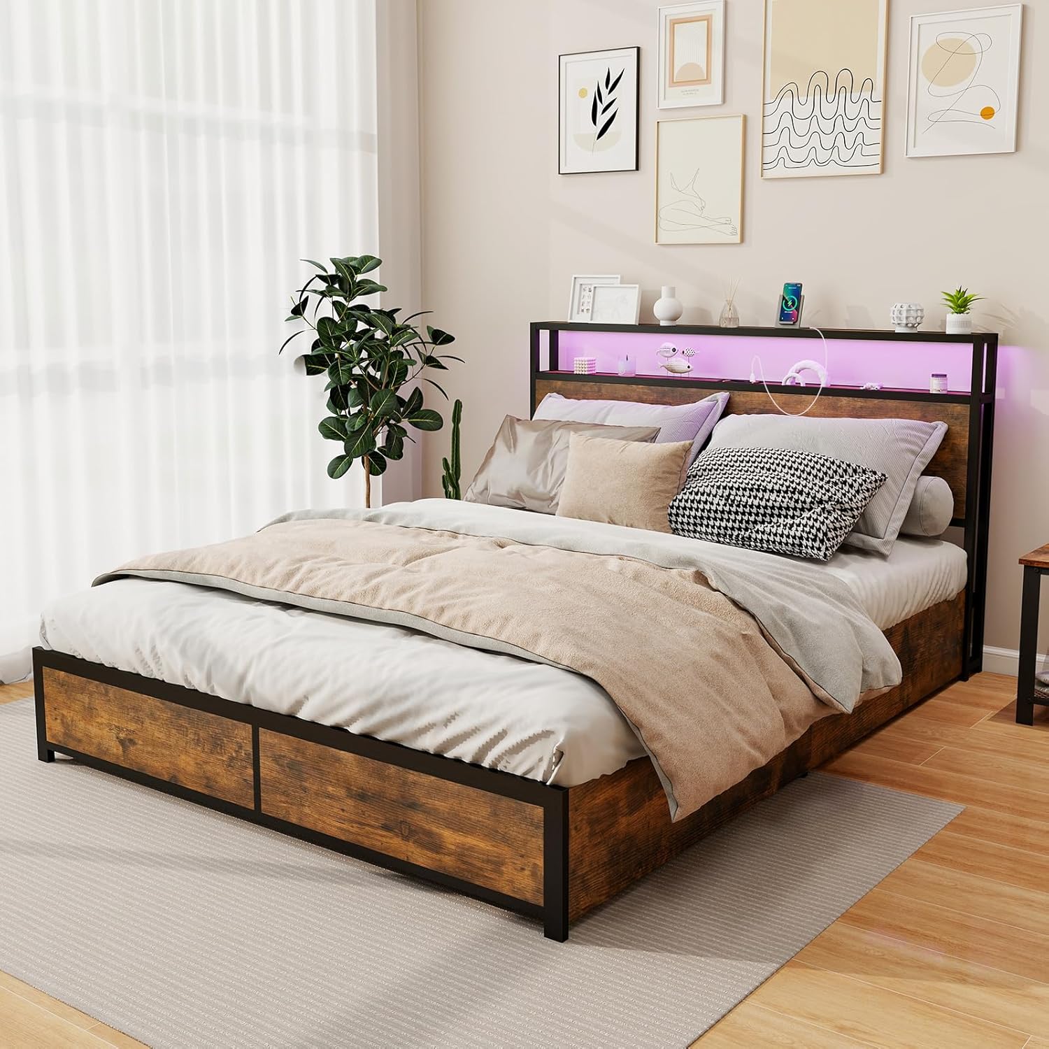 Letto con 4 Cassetti e Testiera, Struttura Letto 200x160 cm con Luci LED Regolabile e Presa Multipla, Carico Massimo 300kg, Silenzioso (200x16 - 4