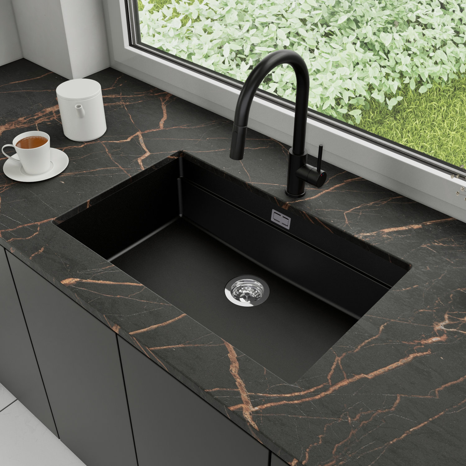 Zlewozmywak podblatowy 76x47cm, do szafki od 80cm + Bateria + Syfon - Coral Czarny STONESTYLE