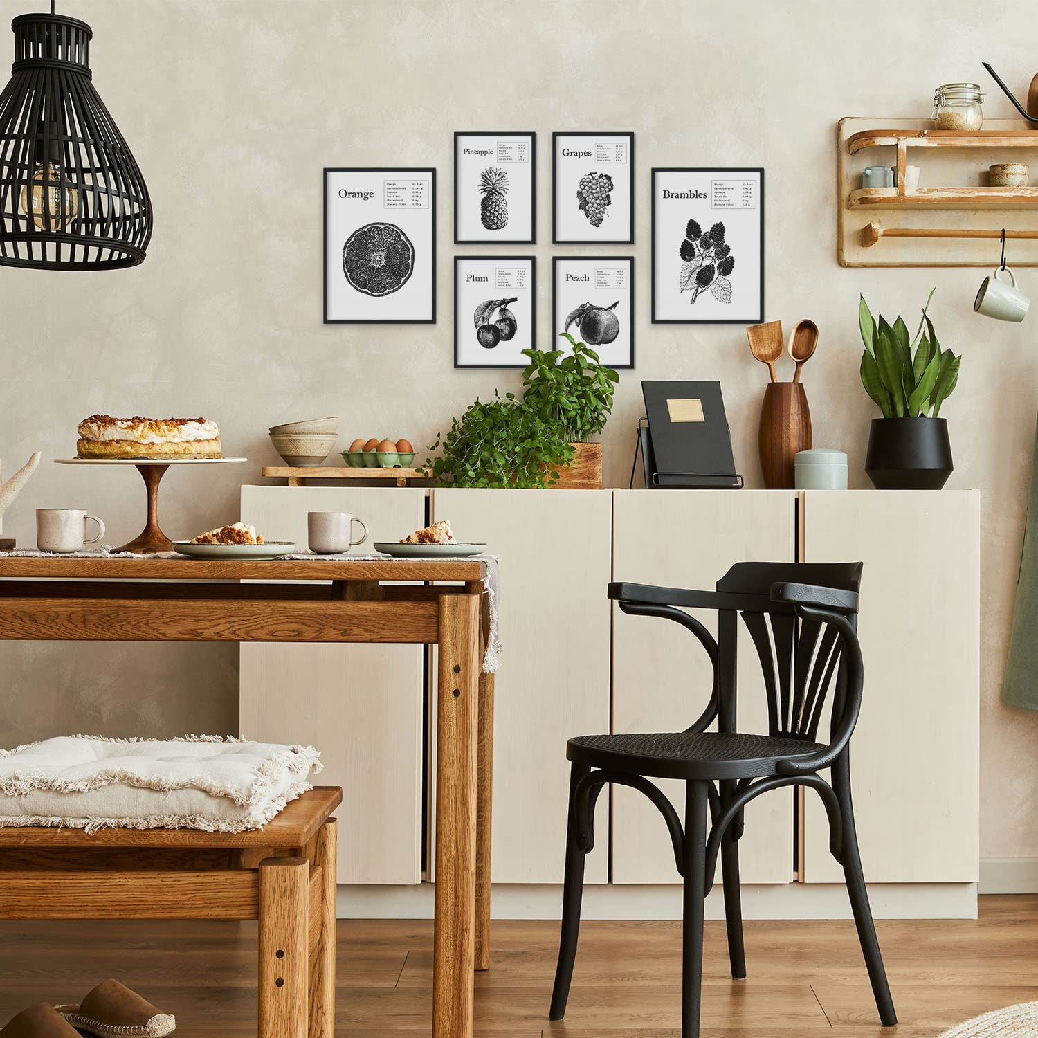 Set de 6 pósteres de frutas. coleccion de láminas con estetica collage para la tamanos a3 y a4. . marco blanco