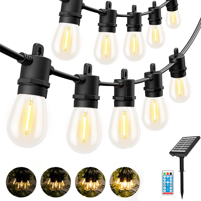 Zewnętrzna solarna girlanda świetlna o długości 15 m, solarna lampa ogrodowa z pilotem i 15+1 żarówkami LED S14, wodoodporna IP44, timer