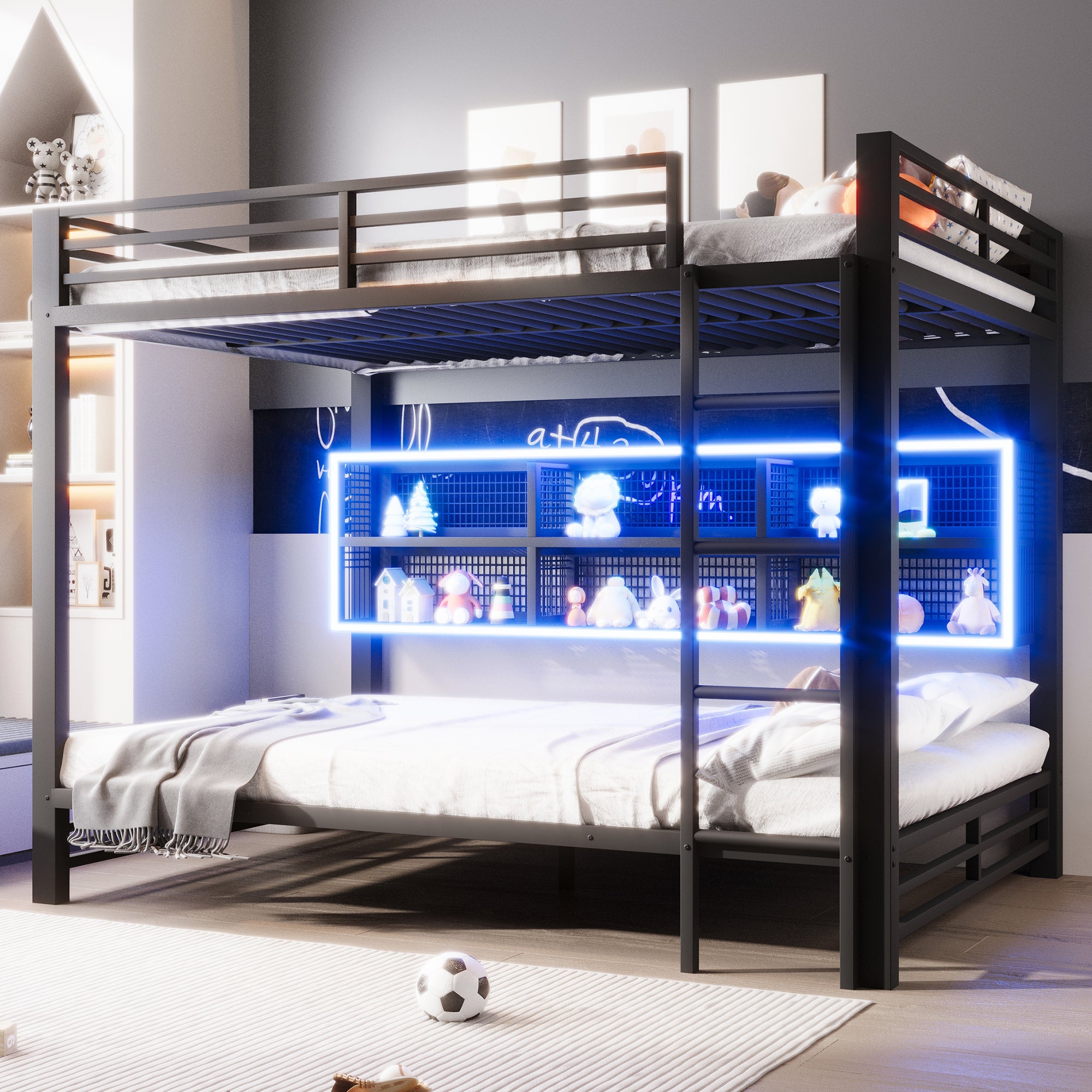 Lit Mezzanine 2 Place avec LED, Lit Superposé Enfant 140x200 avec 6 rangements latéraux offrent Un Espace de Rangement,Noir(Sans Matelas) - 4