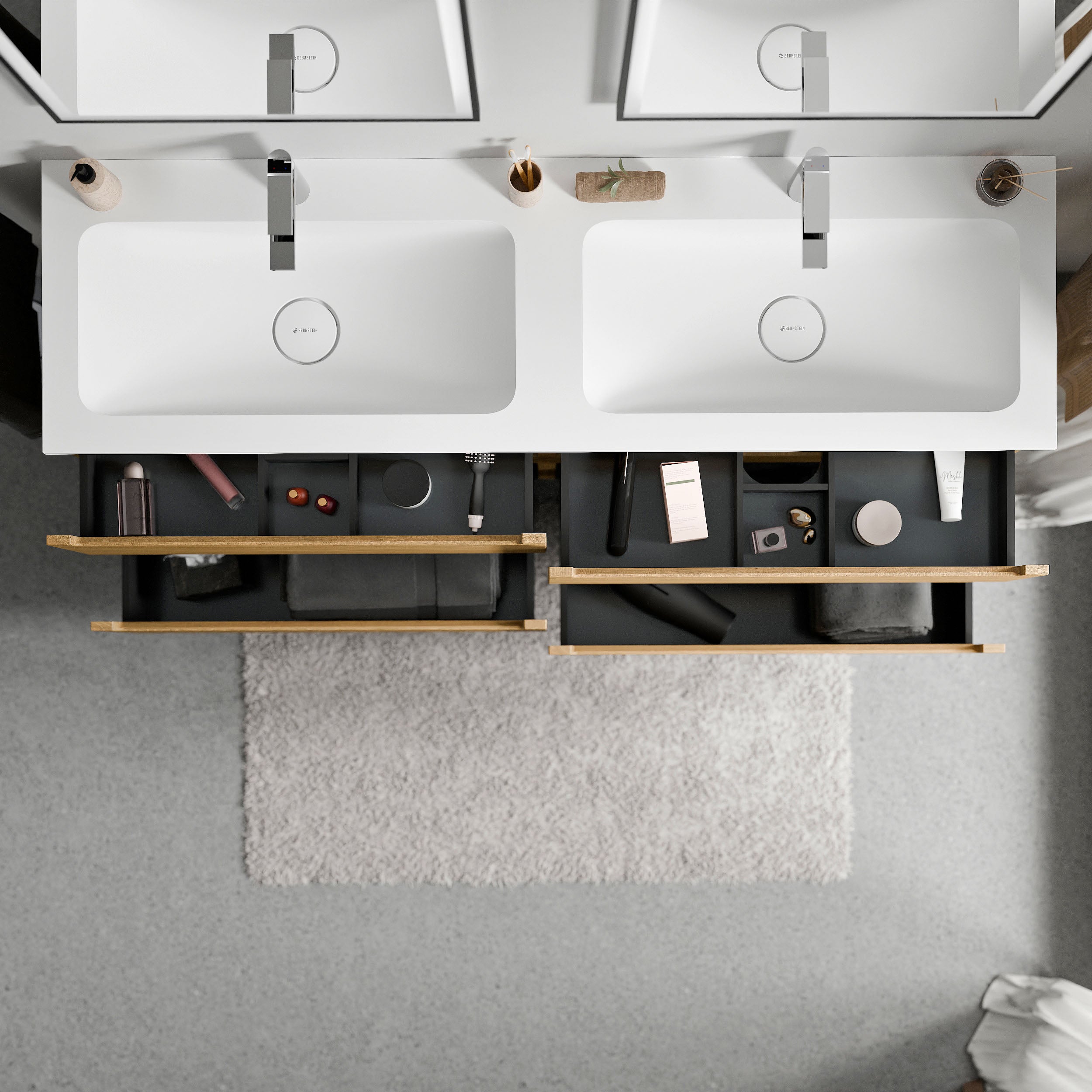 BERNSTEIN - Meuble double vasque suspendu MDF Chêne miel, lavabos fonte Blanc mat + trous robinet, tiroirs pivotants - 160x46x62cm - VIREO - 3