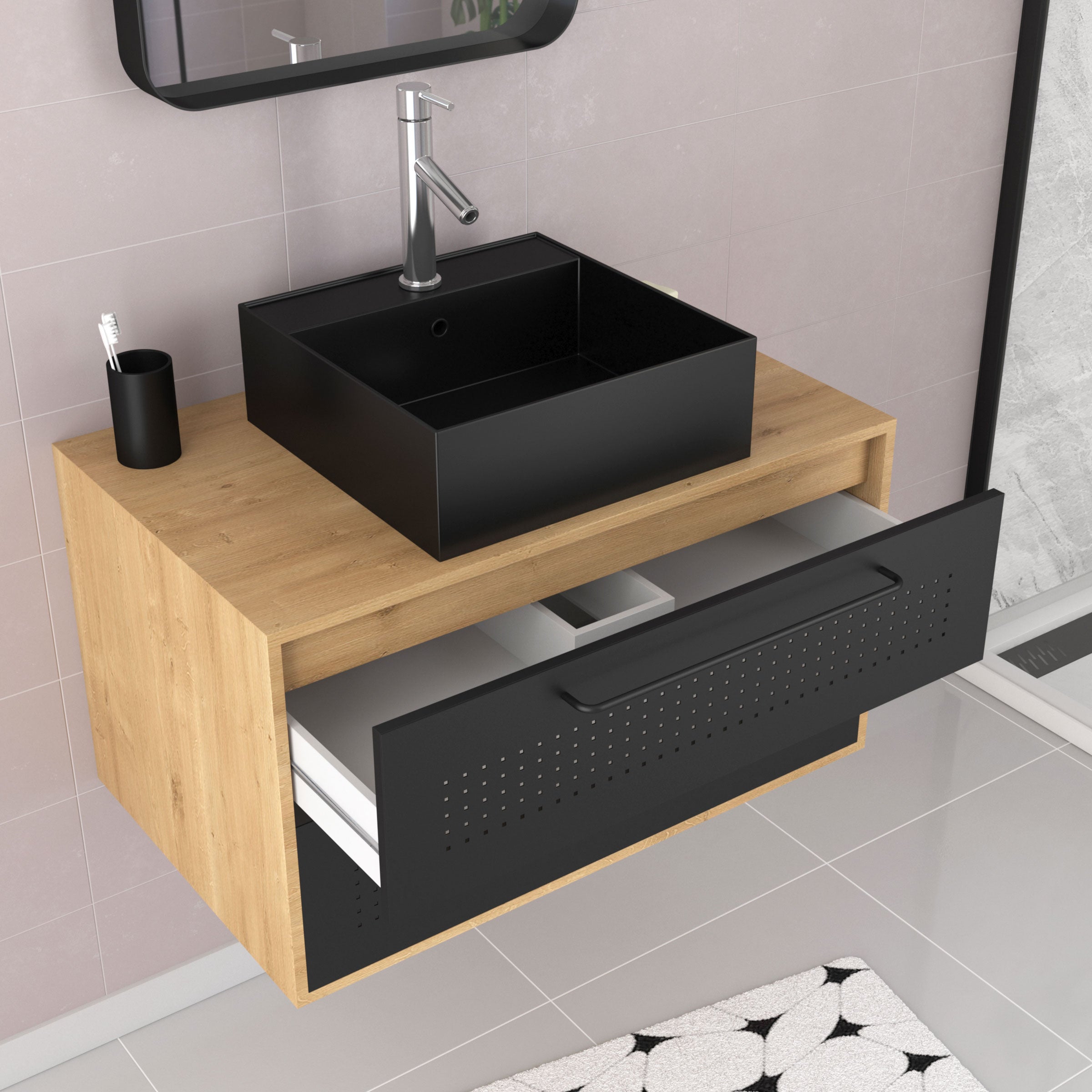 Meuble de Salle de Bains 80 cm avec Vasque Carrée - Finition Chêne naturel et Noir Mat - UBY - 2