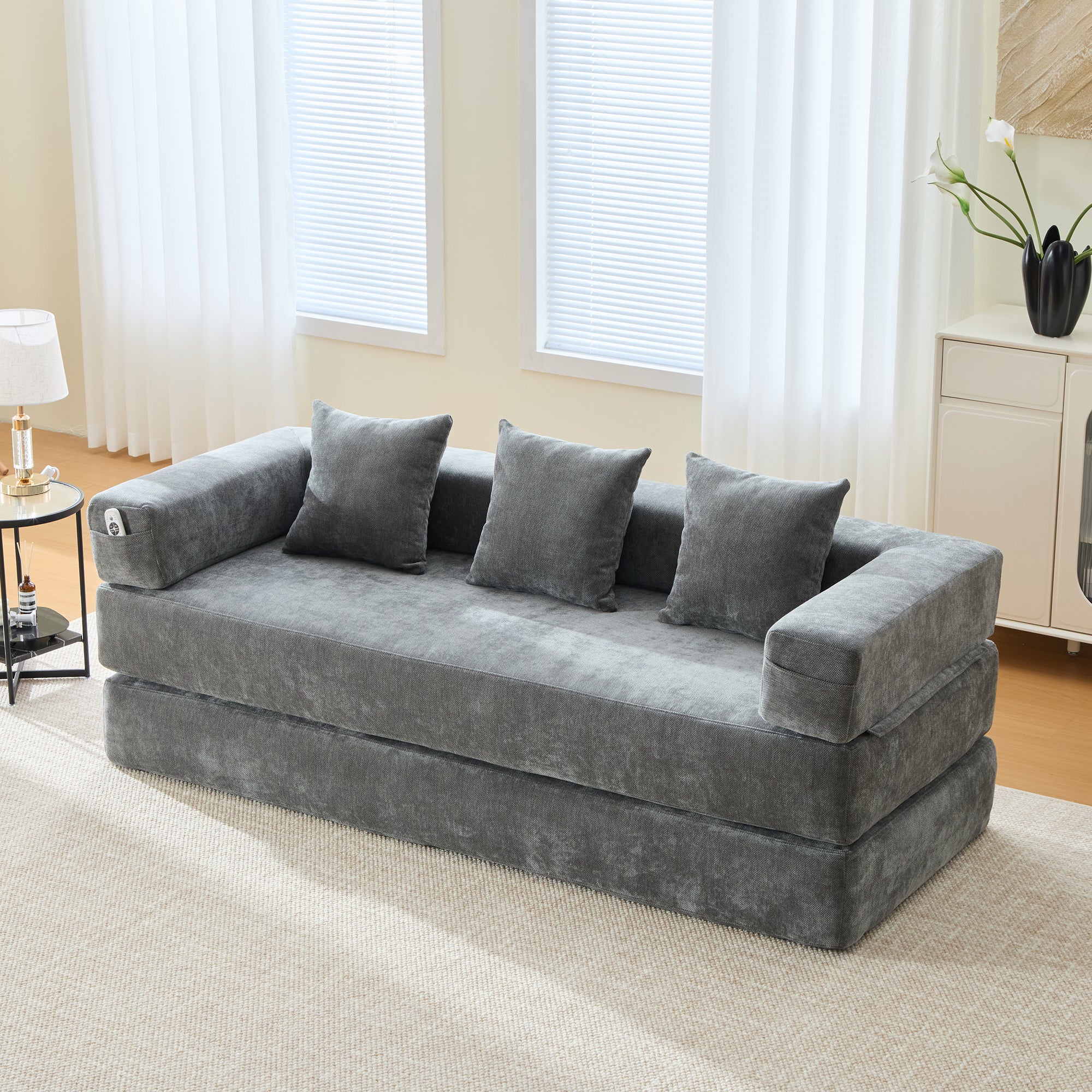 Sofa 2-osobowa z funkcją spania i kieszeniami bocznymi - 198 x 79 x 60 cm - Tkanina szenilowa - Ciemnoszara