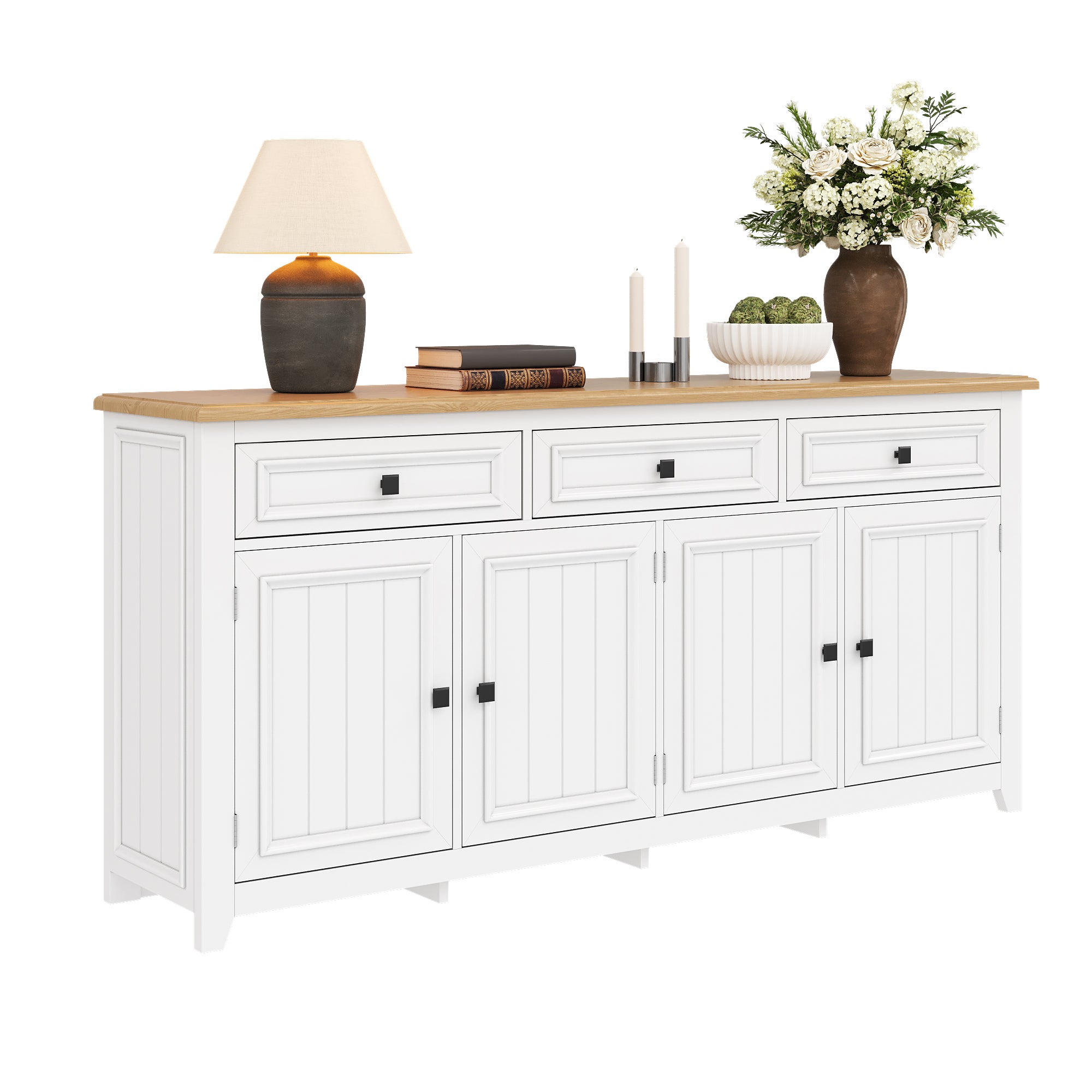 Nowoczesny buffet 160x35x76 cm - 3 szuflady i 4 fronty - Regulowane półki - MDF - Biały - 6