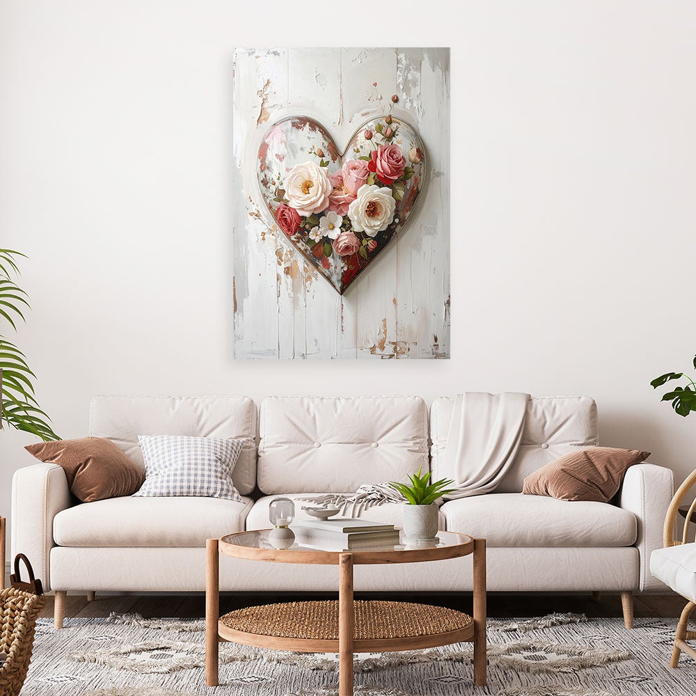 Obraz do salonu sypialni, 3D Serce miłość kwiaty w stylu shabby chic 40x60 - 2