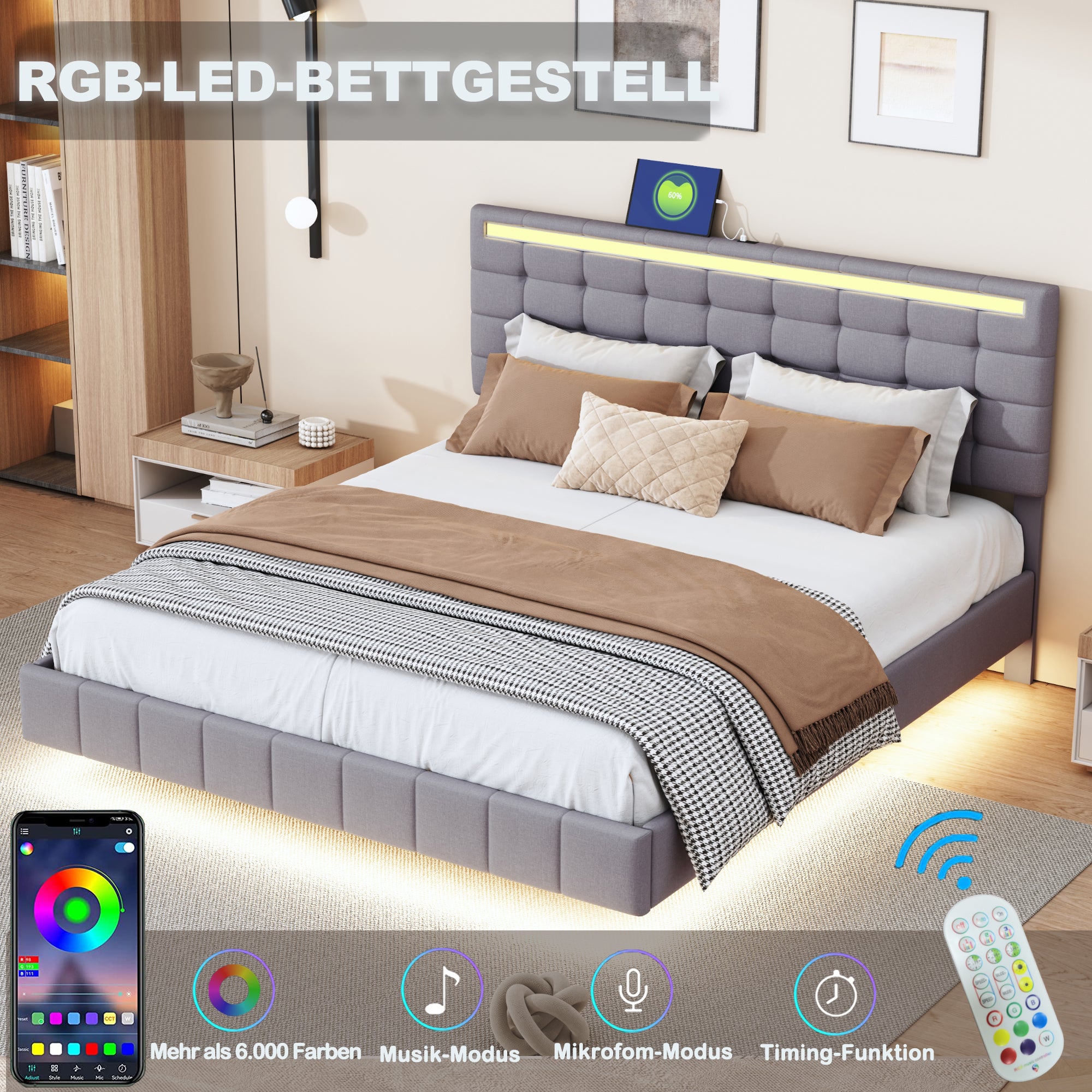 Lit Double 160x200 Cm Avec Tête De Lit Réversible, Prise USB Et éclairage LED - Design Flottant En Lin Gris - 6
