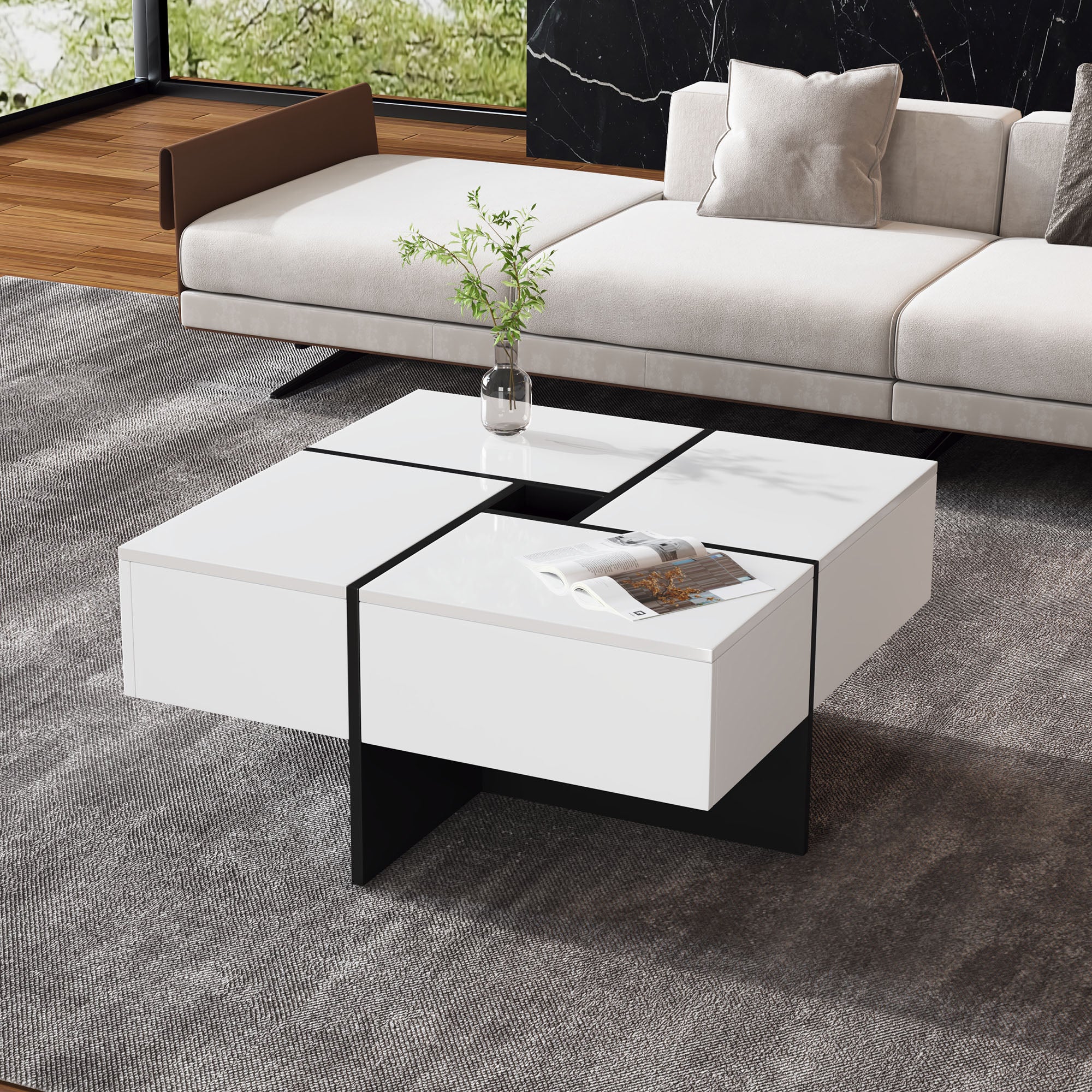 Kwadratowy błyszczący stolik kawowy 70*70*35 cm, czarno-biały design, zintegrowany schowek i 4 wytrzymałe szuflady, maks. obciążenie 30 kg