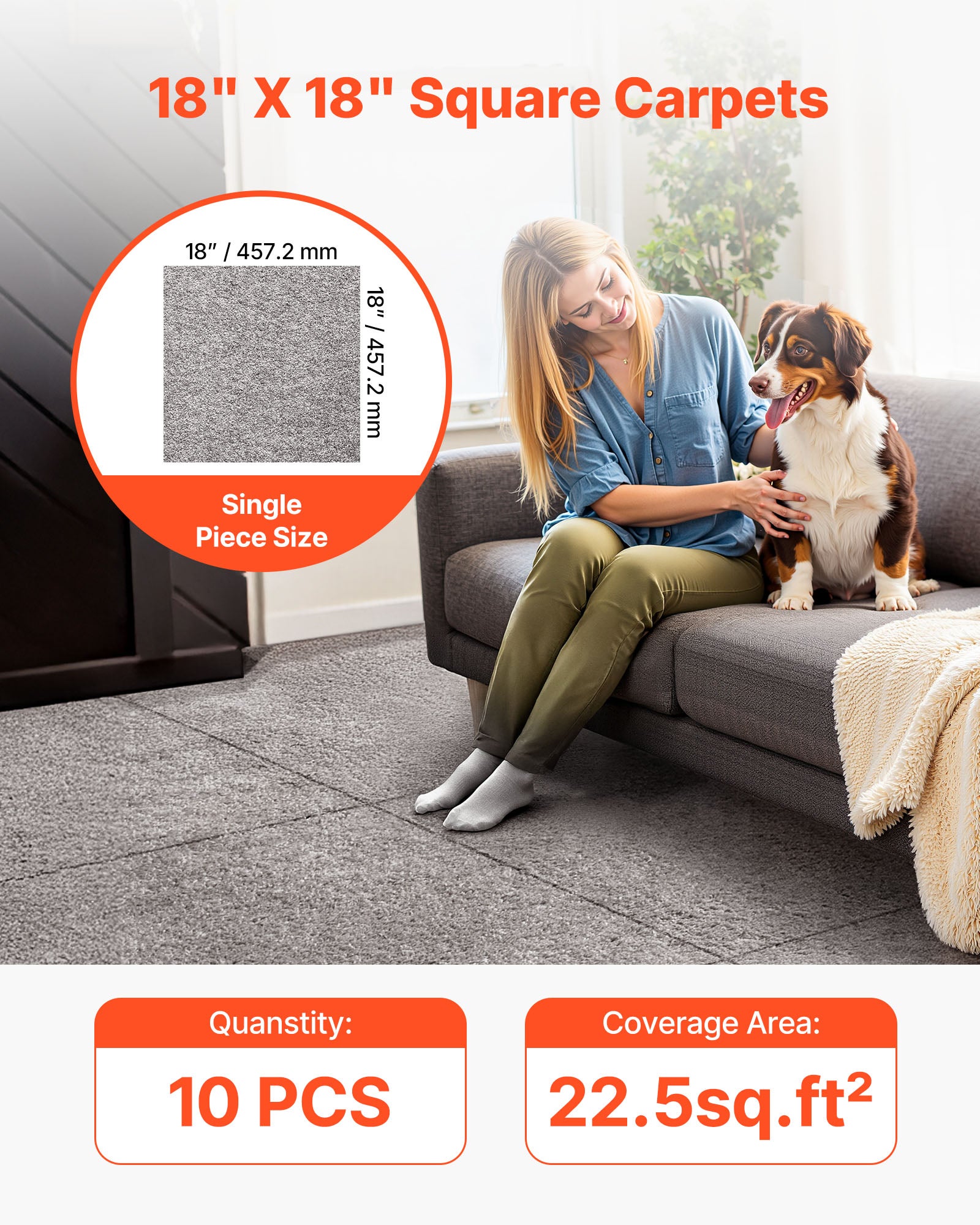 Losetas de moqueta autoadhesivas cuadradas VEVOR 45,7 x 45,7 cm, 10 unidades, para salón y dormitorio, cobertura sin costuras, 2 m², 12 mm de grosor - 2