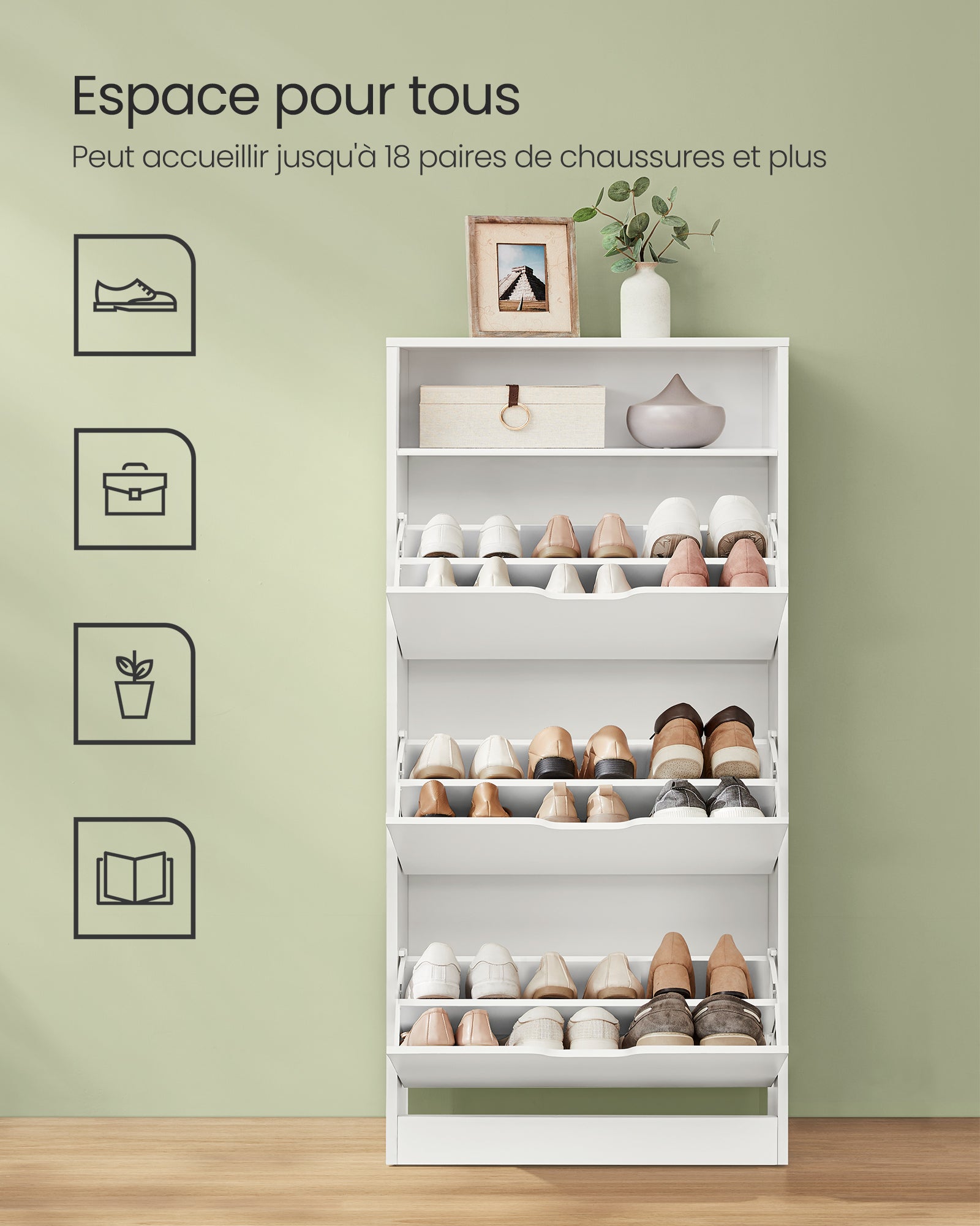 Meuble à Chaussures 3 Portes Battantes, Compartiment Ouvert, Séparateur Réglable, 24 x 60 x 139 cm, Blanc Nuage - 3