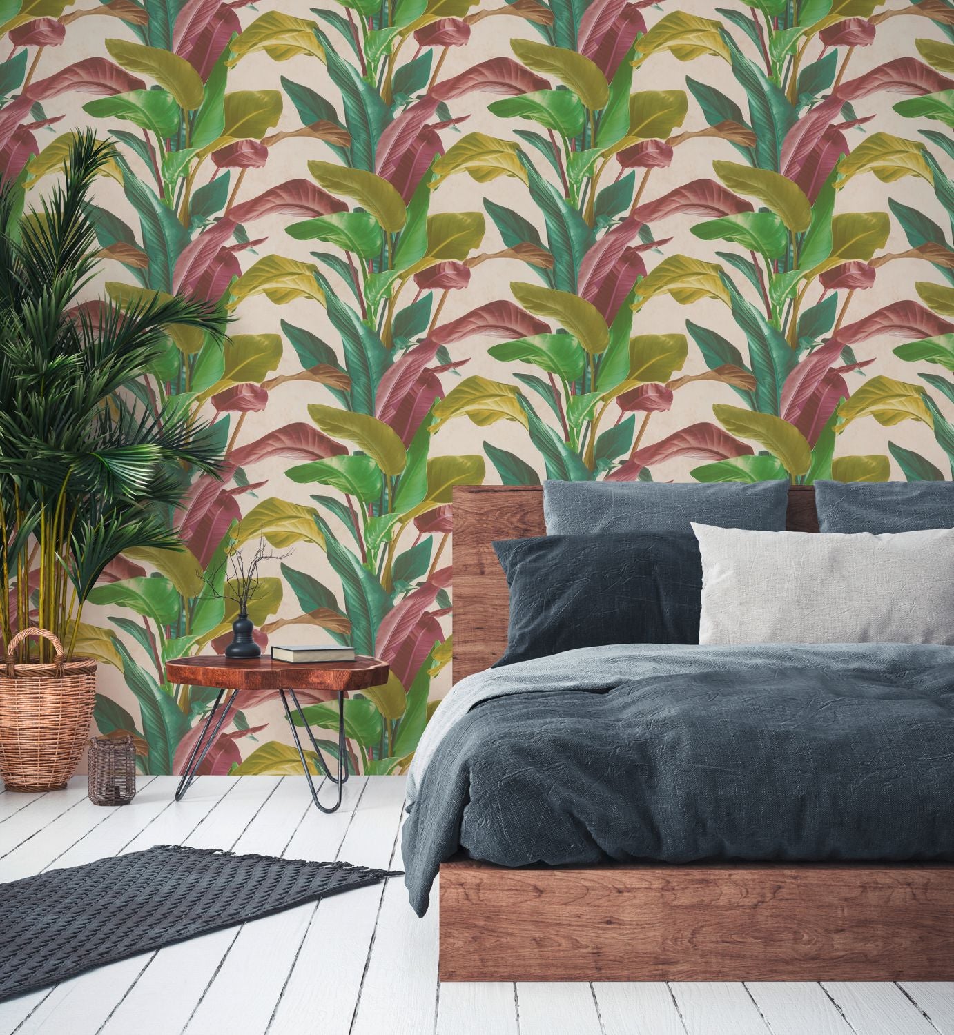 Tapeta tropikalne liście zielonym,starego różuIpetrol blue - 53 cm x 10.05 m - LIVINGWALLS - 9