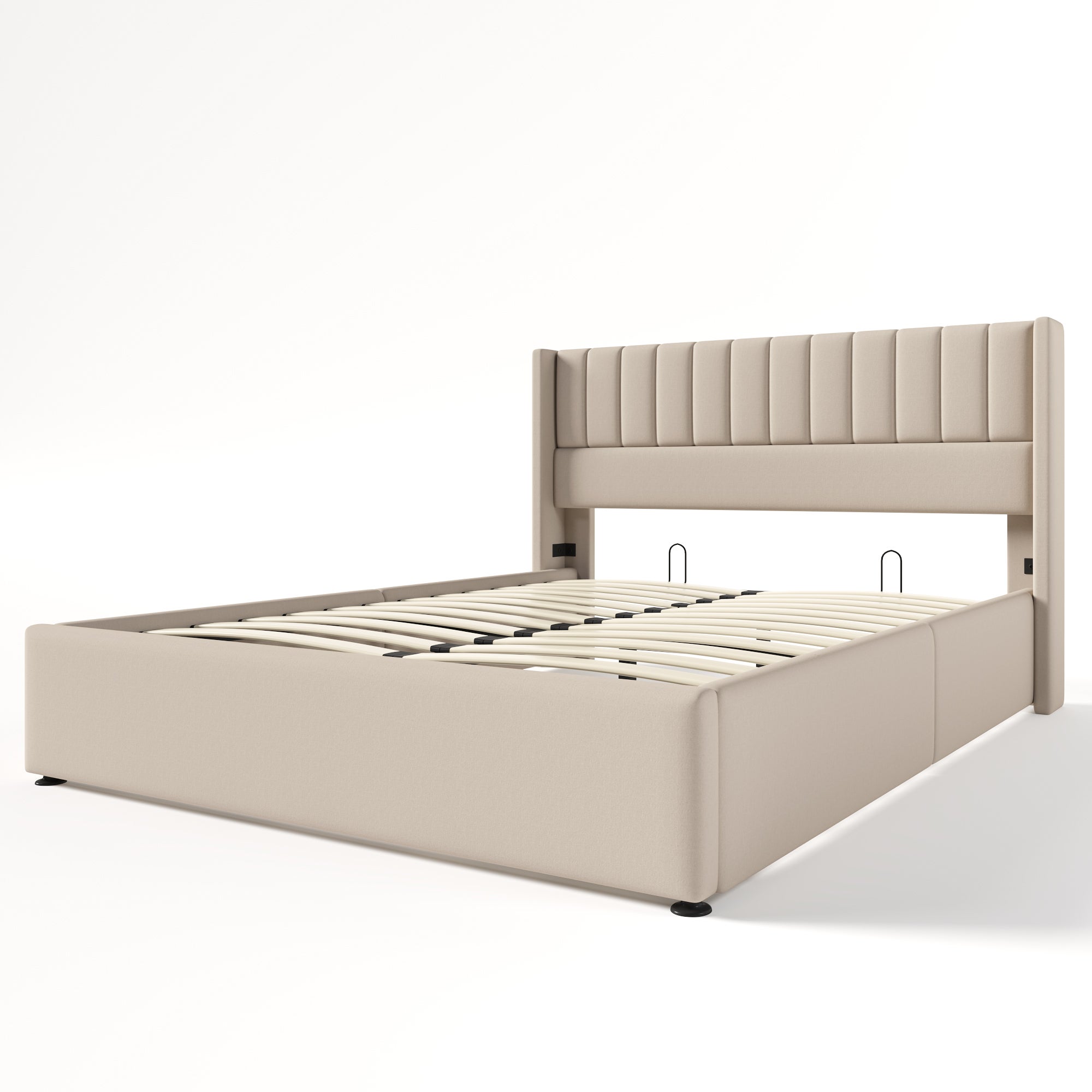 Cama estofada com arrumação 140x200cm em linho com base de ripas - Bege - 4