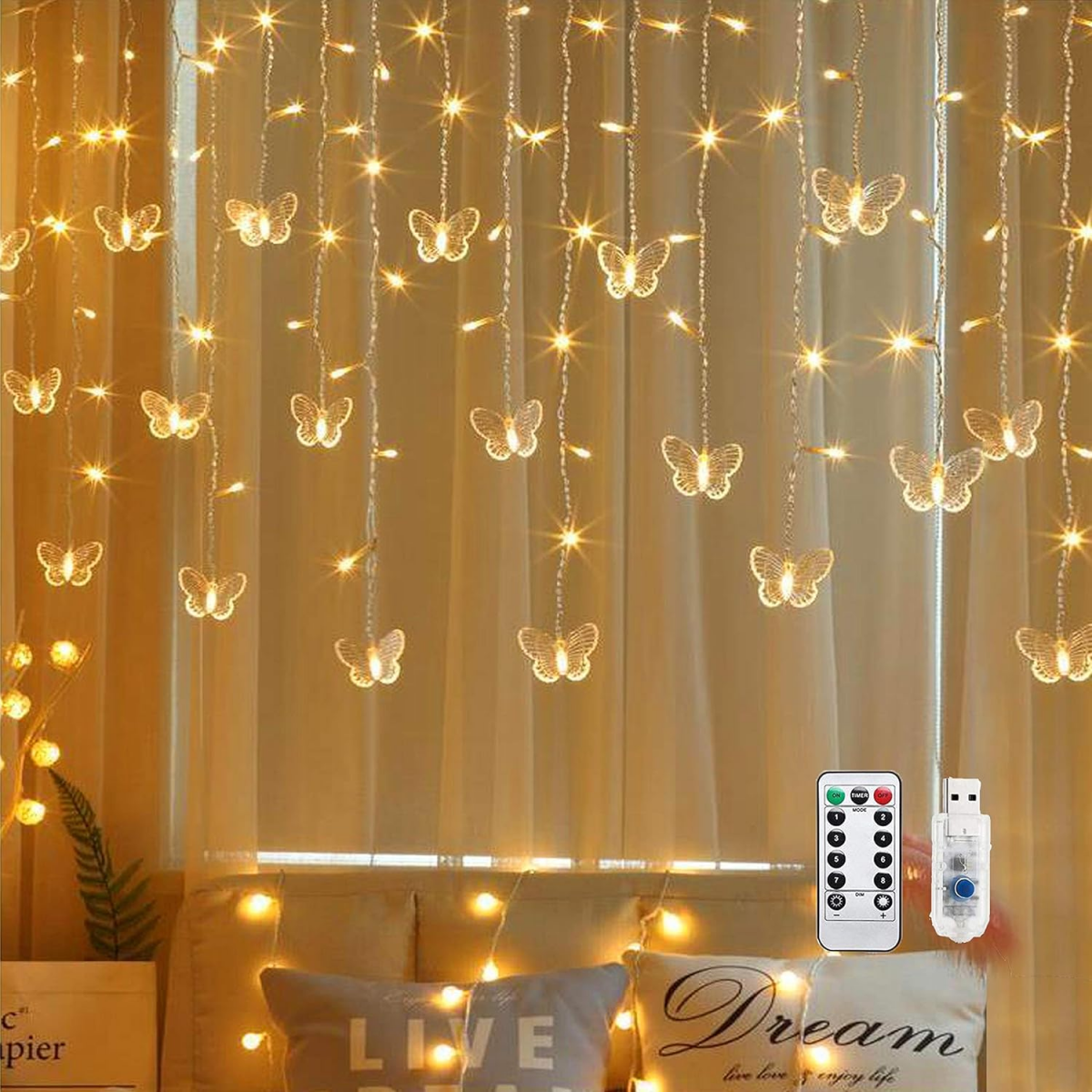 200 de lumini LED fluture pentru perdea, 8 moduri, lumină albă caldă