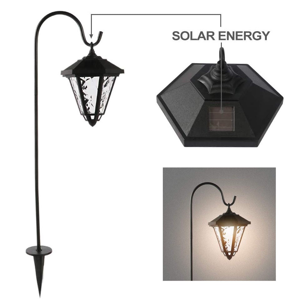 Sześciokątny wodoodporny żyrandol solarny retro na zewnątrz, dekoracyjne latarnie ogrodowe z hakami pasterskimi, ciepła biel