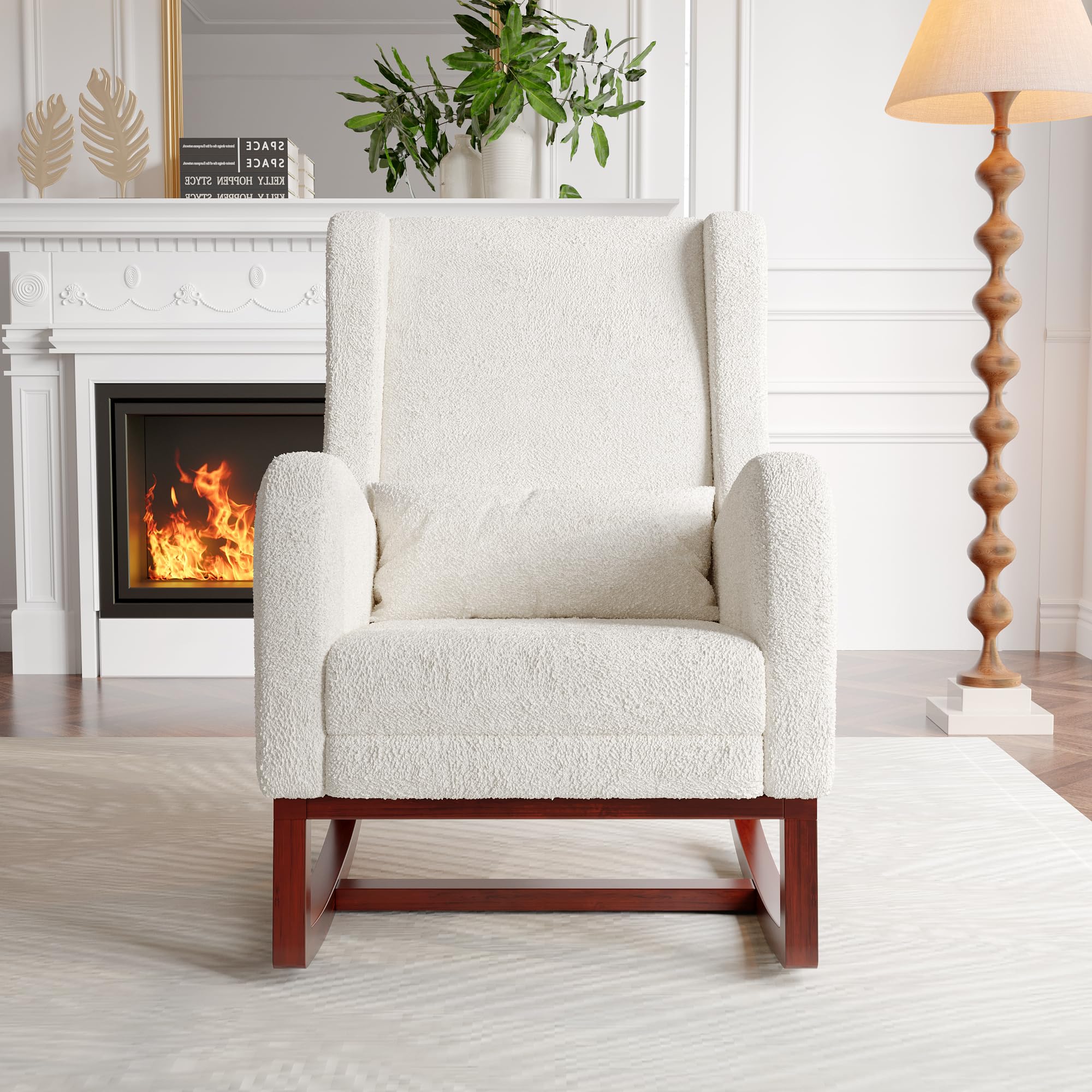 Fauteuil à Bascule Blanc, Rocking Chair, revêtement Bouclette, Fauteuil d'allaitement avec Repose-Pieds Coussin Lombaire Pieds en Bois Massif - 7