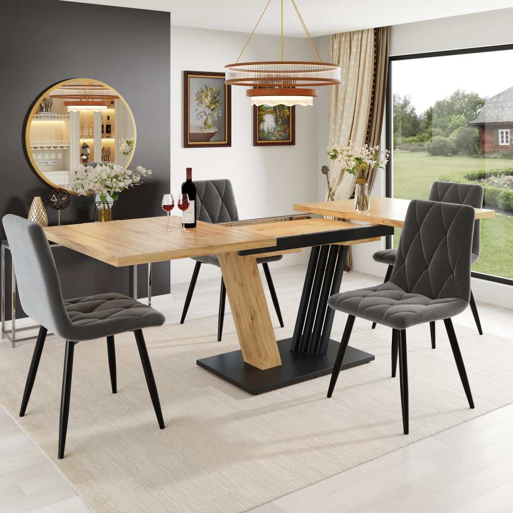 Zestaw obiadowy składający się z 5 elementów, z rozkładanym stołem (120–160×80×76 cm) i 4 krzesłami z szarego aksamitu, idealny dla 4–6 osób.