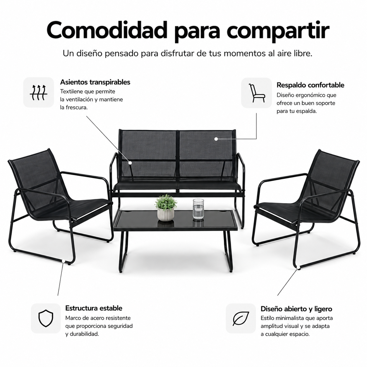 Ensemble de jardin acier textilène 4 pièces table en verre - 9