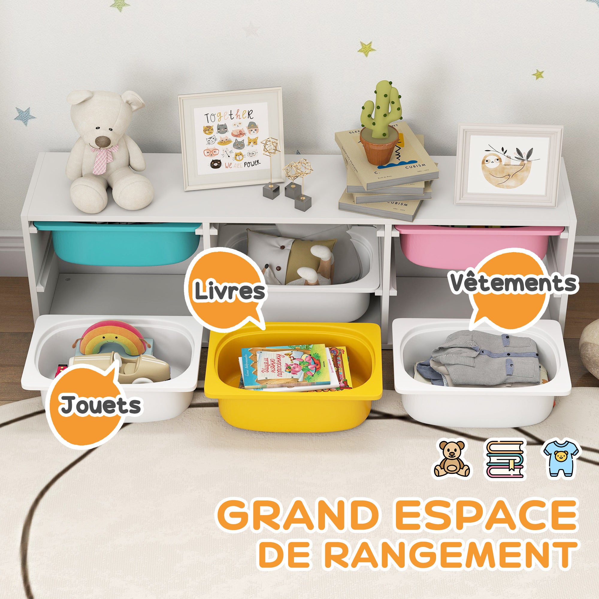 🧸 Organizador De Juguetes Apilable – Pack 4 Contenedores 36L (39x39x36 Cm) – Tapa Abatible – Diseño Infantil 4 Colores