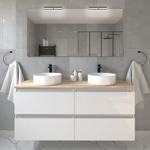 Meuble de salle de bain avec vasques rondes BALEA et miroir avec appliques - Blanc - 120cm