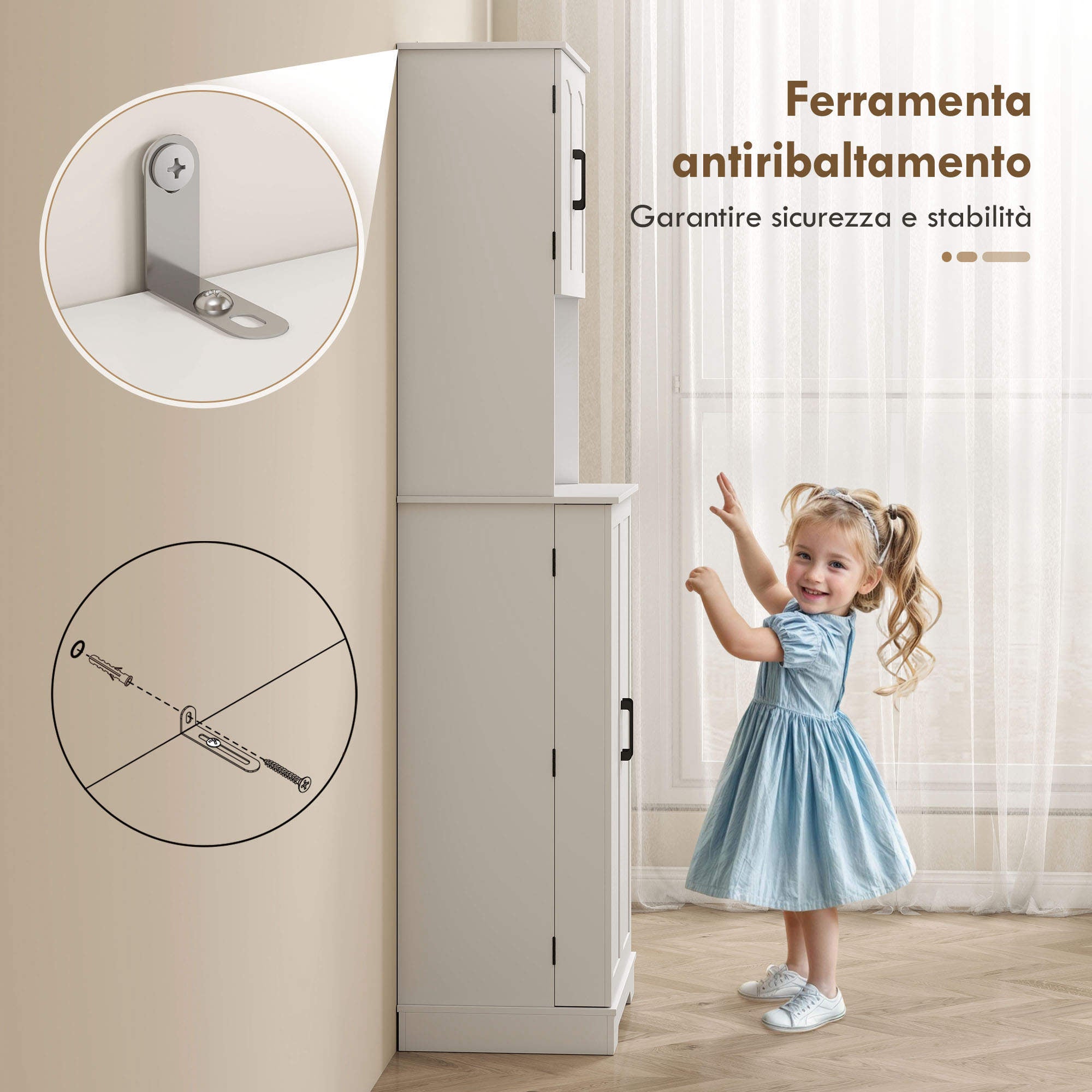 Meuble de cuisine de 181,5cm de haut,avec 8 étagères à épices sur la porte,4 portes,étagères réglables,support pour micro-ondes,blanc. - 9