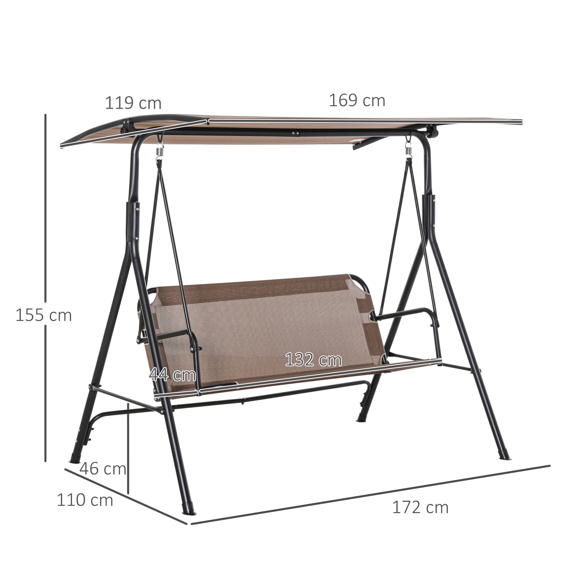 Balançoire de jardin en terrasse 2 places avec auvent solaire réglable, métal et marron Texteline 172x110x155cm pour la maison - 5