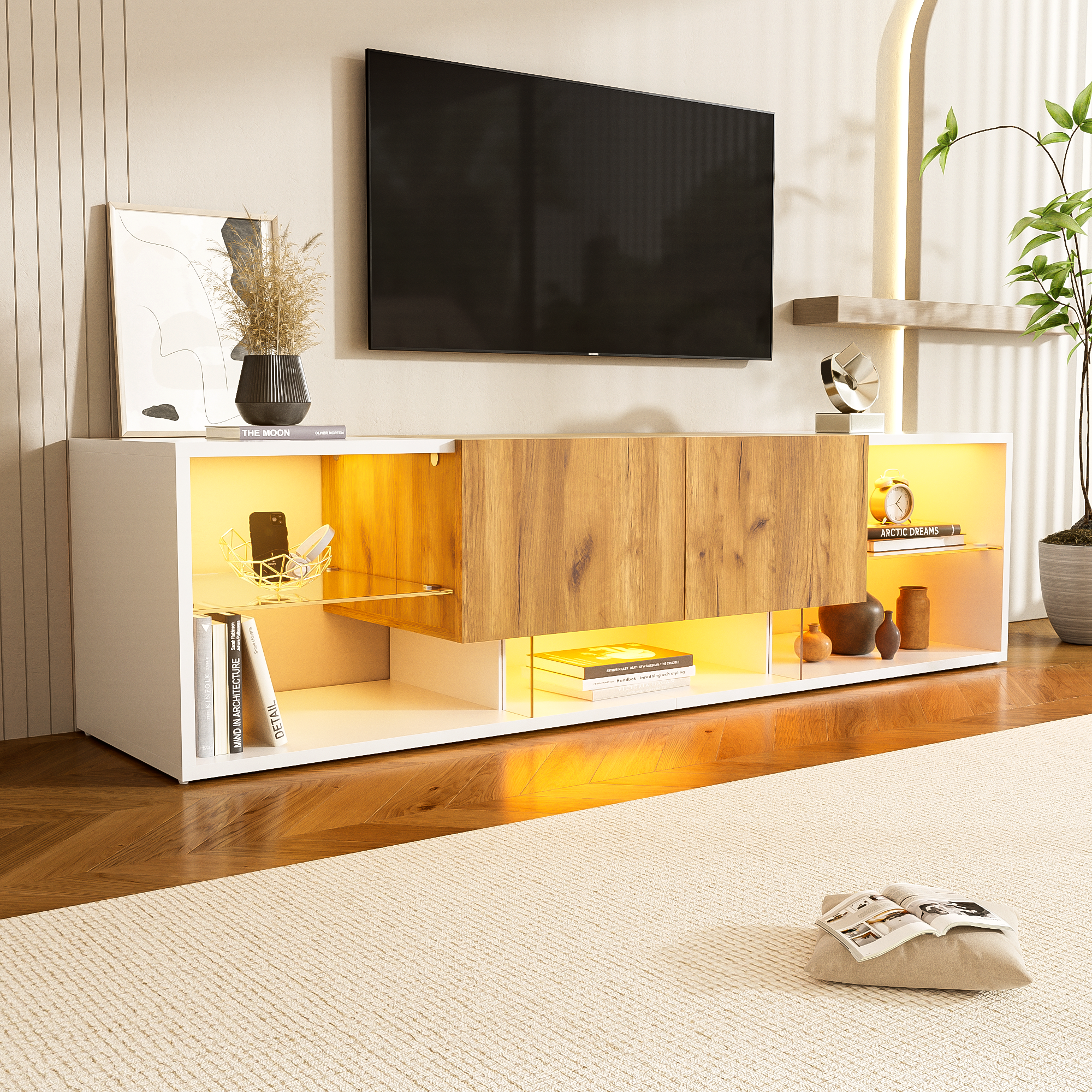 Meuble TV avec 2 tiroirs et 4 compartiments - 160 x 40 x 42 cm - LEDs - Panneau de particules et étagères en verre - Chêne + blanc Antique - 3