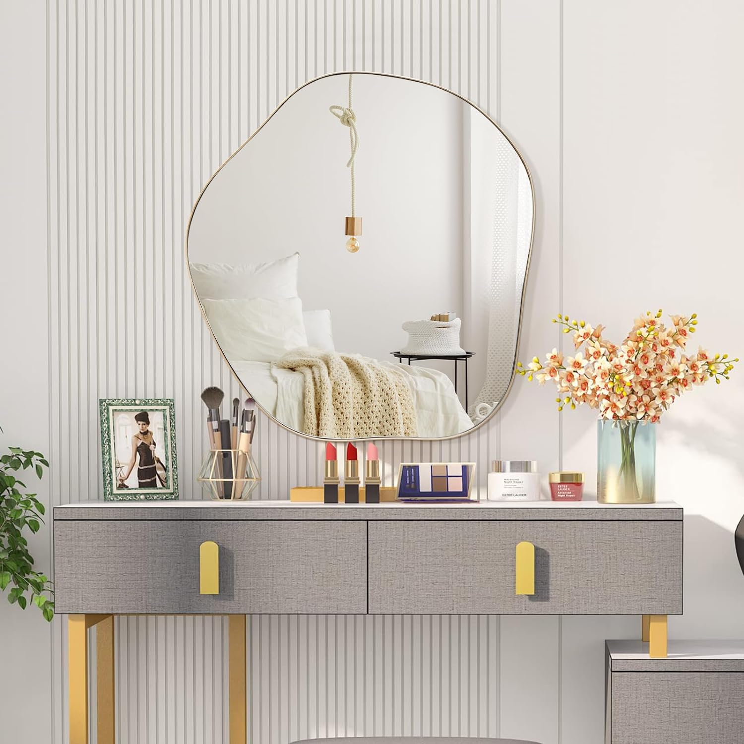 Specchio Asimmetrico Con Cornice In Legno Rivestita In Flanella – 81x61 Cm – Arancione – Per Soggiorno, Ingresso, Bagno