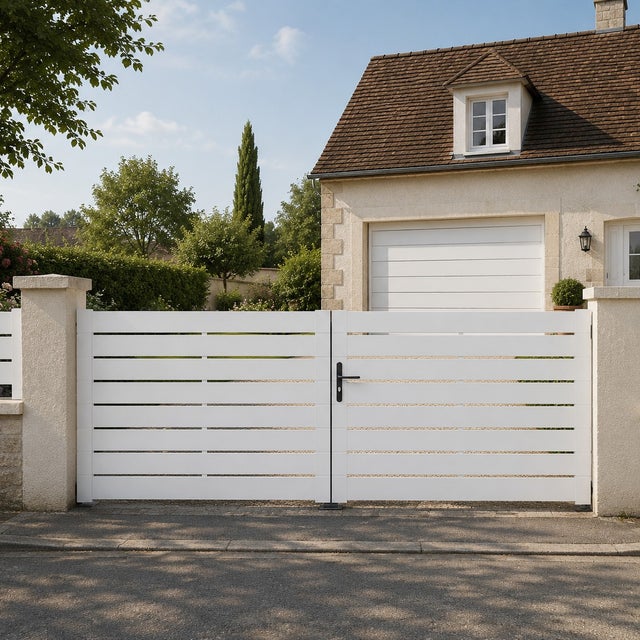 Portail battant manuel PVC blanc structure renforcée H 140 x L 350 cm ajouré LYON