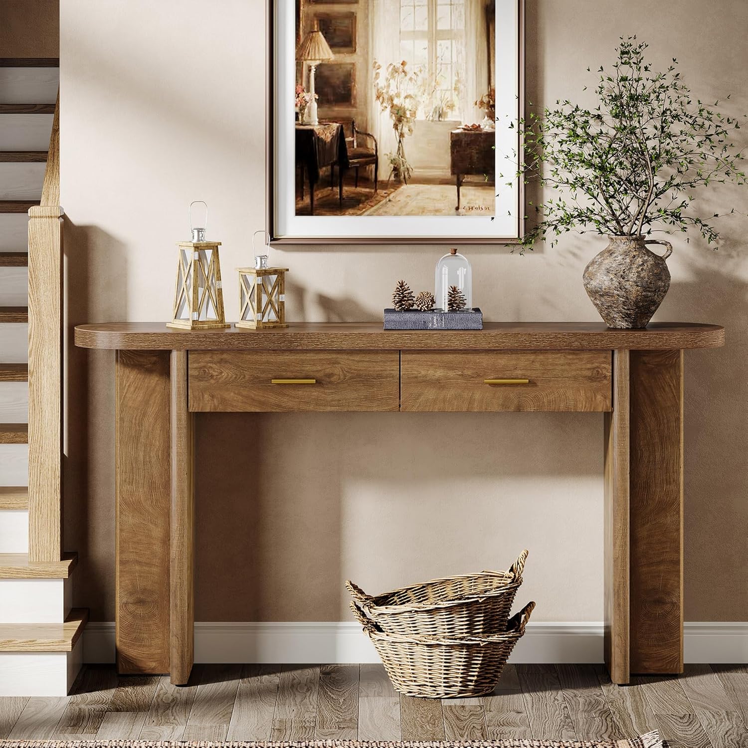 Tribesigns Console 160 cm avec 2 tiroirs - Style fermier élégant et rangement pratique, plateau ovale courbé - 9