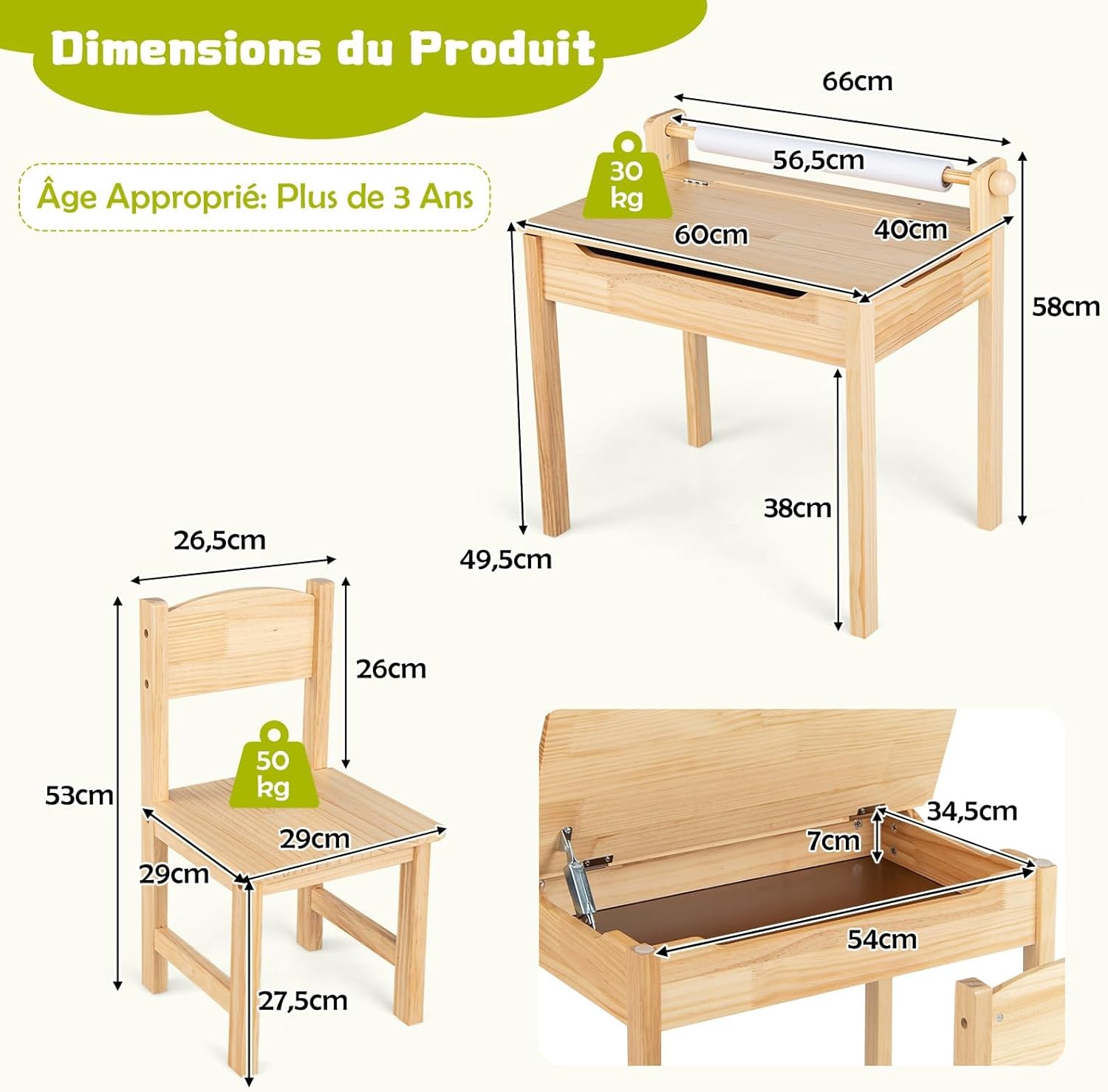 Table Enfant avec Chaise, Table a Dessin Enfant avec Rouleau du Papier, Bureau d’Écriture en Bois, Table Polyvalente pour Enfant 3+ Ans, (Naturel) - 9