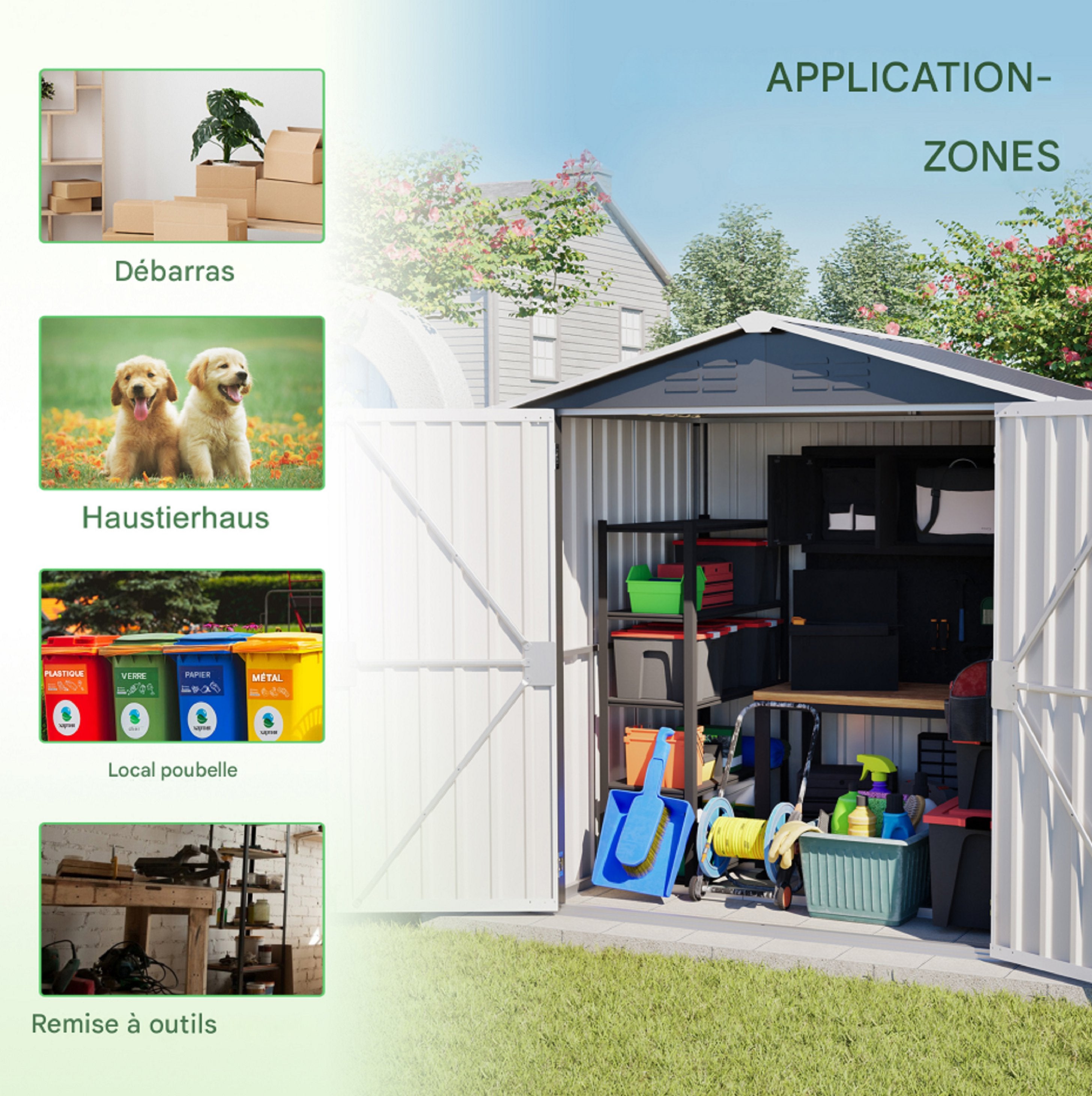 Abri de jardin en métal, dimensions142x185cm,avec trous de ventilation,comprenant une base en métal et une porte verrouillable. Gris - 7