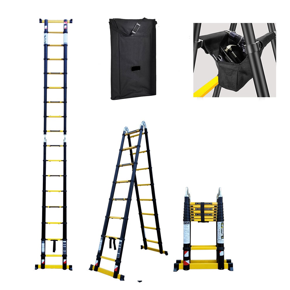 Escalera-taburete telescópica 5m/2m50 woerther con barras estabilizadoras dobles – con funda y bolsa para herramientas – garantía 5 años