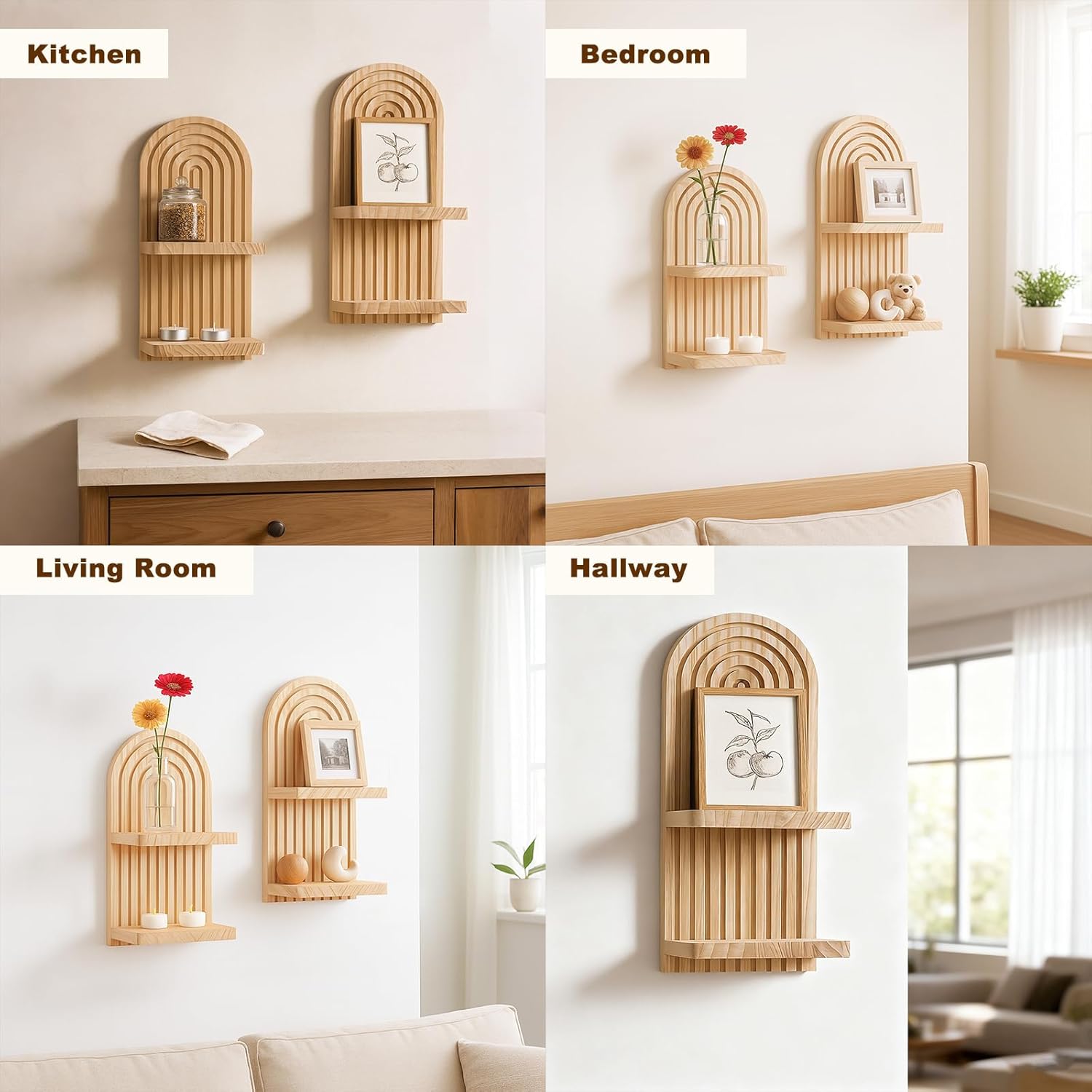 Lot de 2 étagères murales bohèmes - Étagère flottante à 2 niveaux massif, motif arc-en-ciel, faite main - Décoration murale pour bibelots，beige - 5