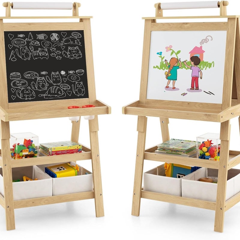 Dwustronna Tablica dla Dzieci, Sztaluga z Białą/Czarną Tablicą do Pisania Markerami, Tablica Magnetyczna, dla Dzieci Powyżej 3 Lat, Naturalna