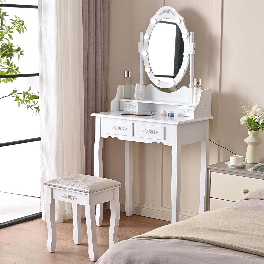 Toeletta Trucco Con Sgabello Ofelia - 12 LED, Specchiera, Cassetti In Legno Bianco