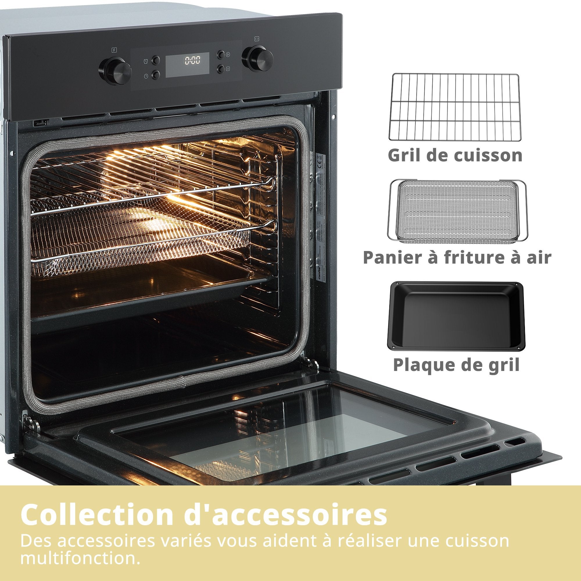 Four encastrable Pyrolyse Friteuse à air chaud - 72L - 59,5 x 57,5 x 59,5 cm - COMFEE CBO65P80E0-BK - Noir - Classe A - 6