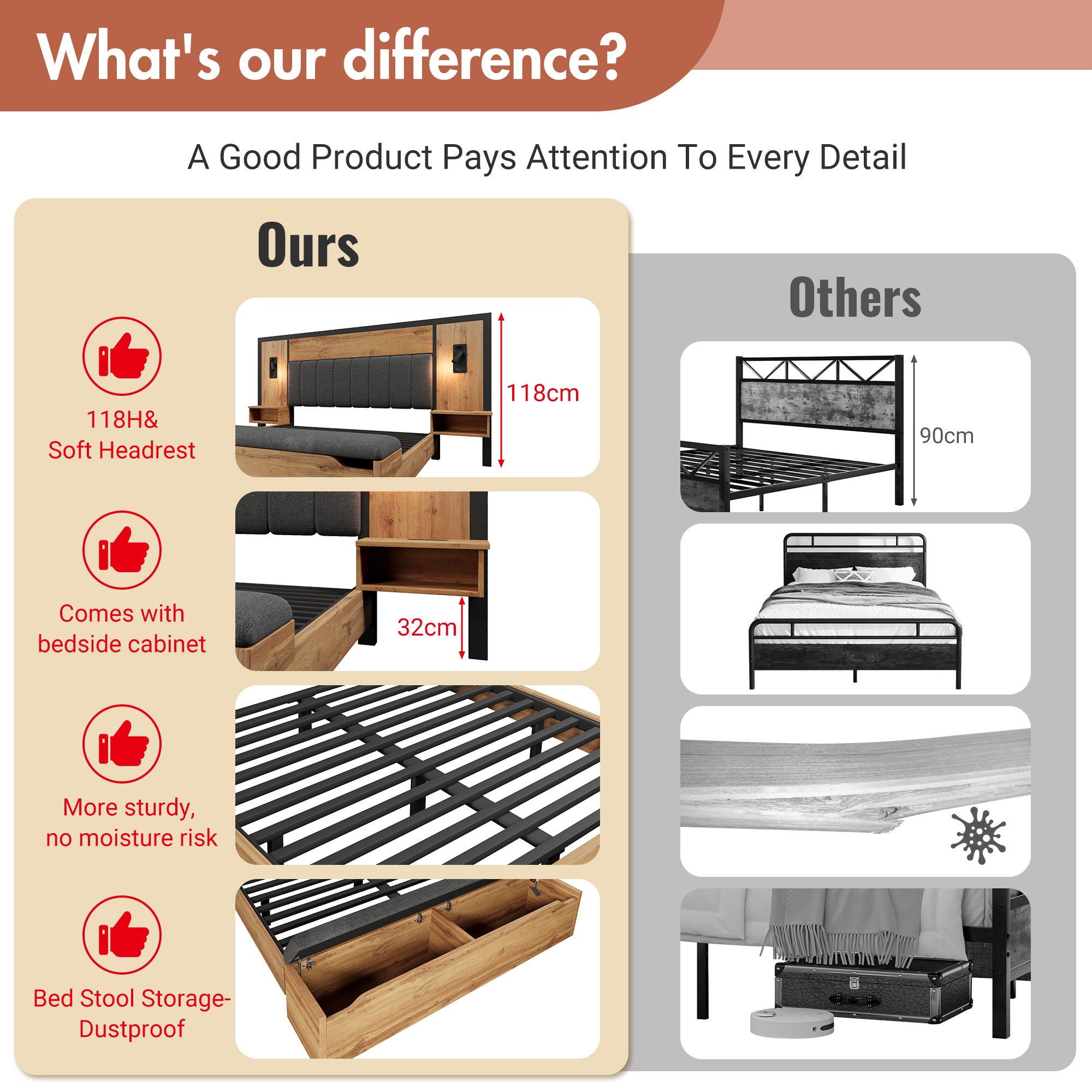 Lit adulte 160×200cm - avec liseuse + prises chargement + banquette de rangement - avec sommier en métal - Naturel - 6