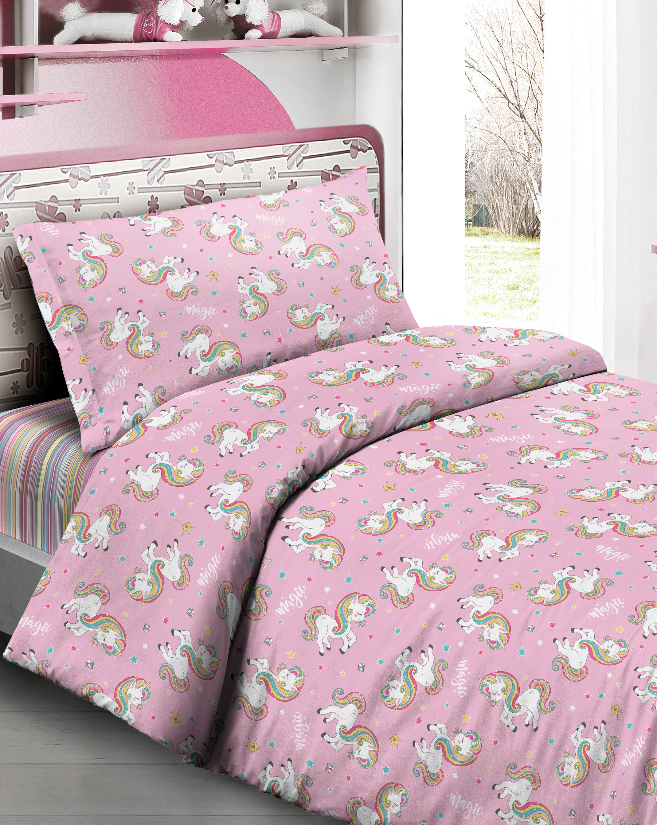 Copripiumino In 100% Cotone Disegno Unicorno Singolo Unicorno