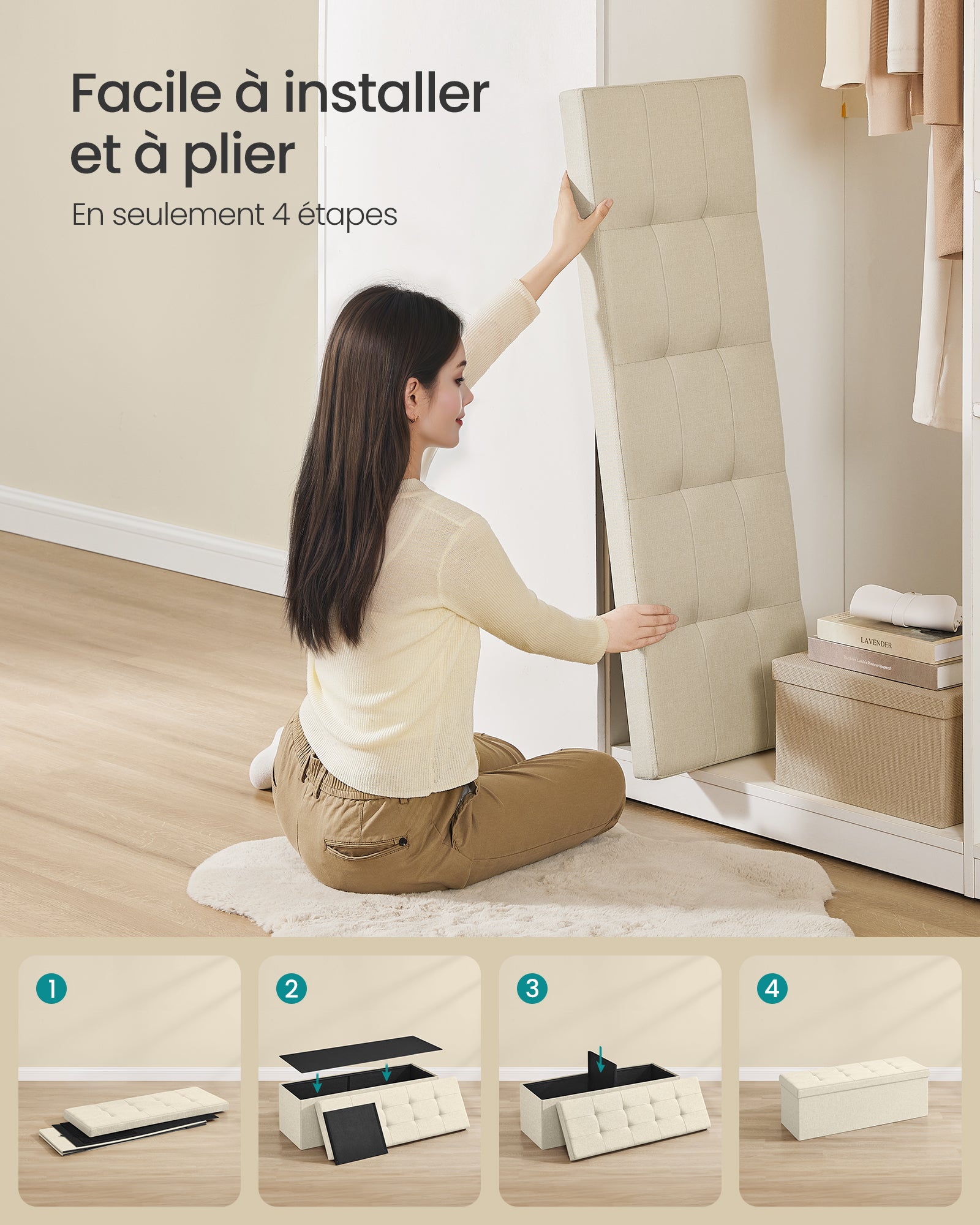 Banc de Rangement Pliable de 110 cm, Coffre de Rangement, Tabouret Repose-Pieds, Pouf de Chambre, Beige - 6