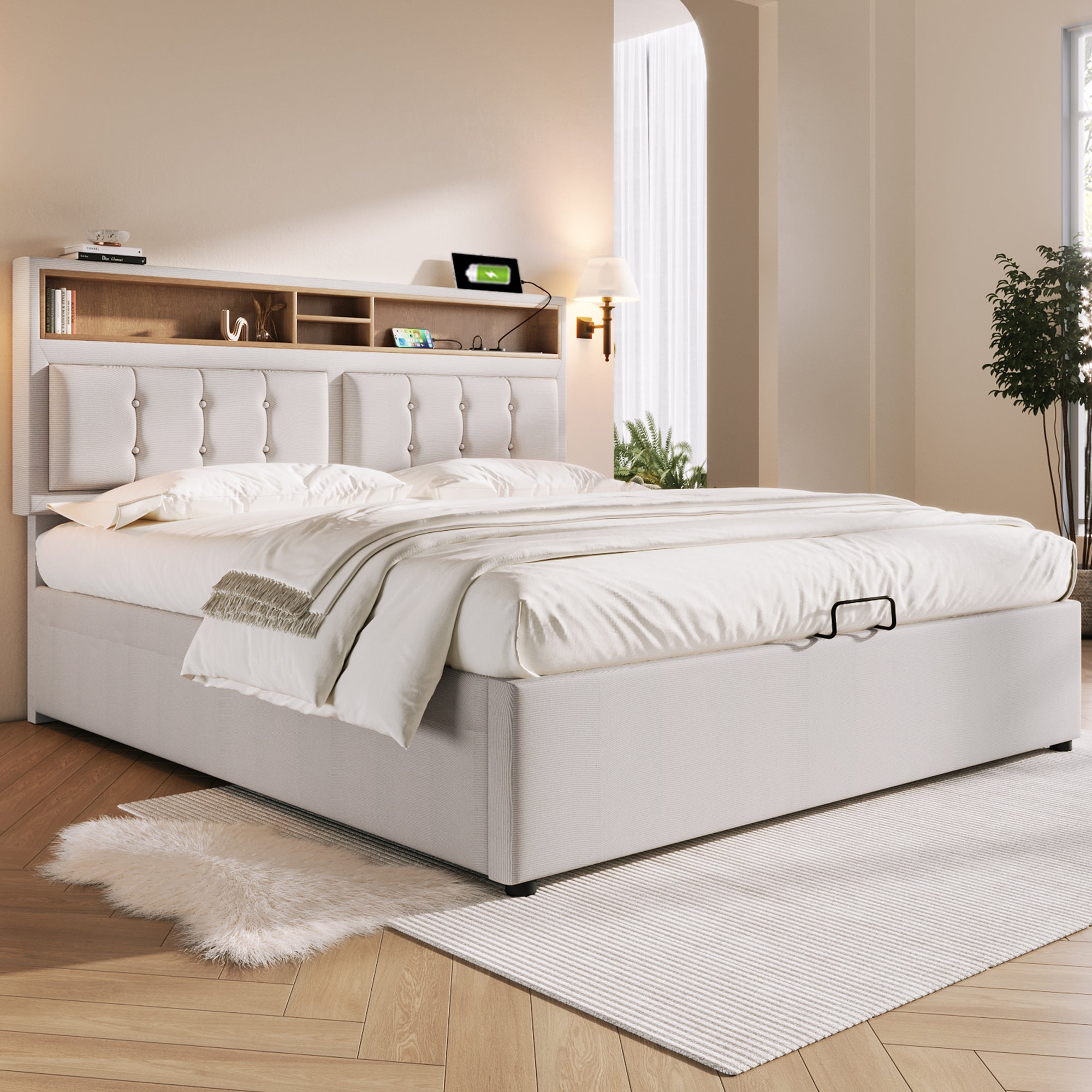 Lit coffre 160 x 200 cm avec tête de lit rangement - USB - tissu en lin - beige - 9