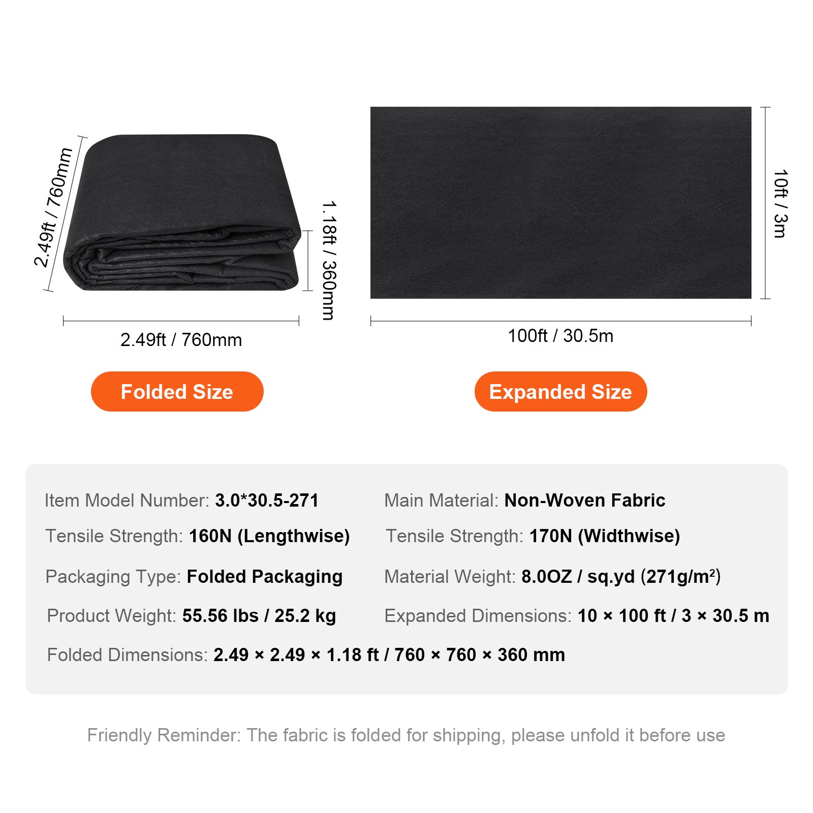 Géotextile Non Tissé VEVOR 3,0x30,5 m Toile de Paillage Anti-Mauvaises Herbes 271 g/m² Tissu d'Allée Perméable Résistant à la Déchirure pour Drainage, - 7