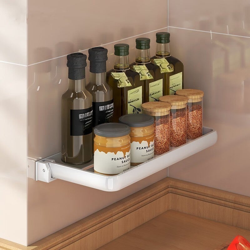 Półka kuchenna, stojak na przyprawy, składana, 32,5×15×5 cm – bez wiercenia, przechowywanie w kuchni, stojak na przyprawy, wielofunkcyjny – biała