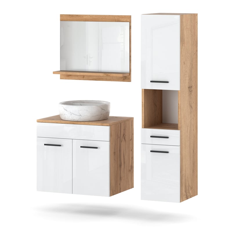 Zestaw mebli łazienkowych wiszący z lustrem 90cm słupek wotan biały połysk