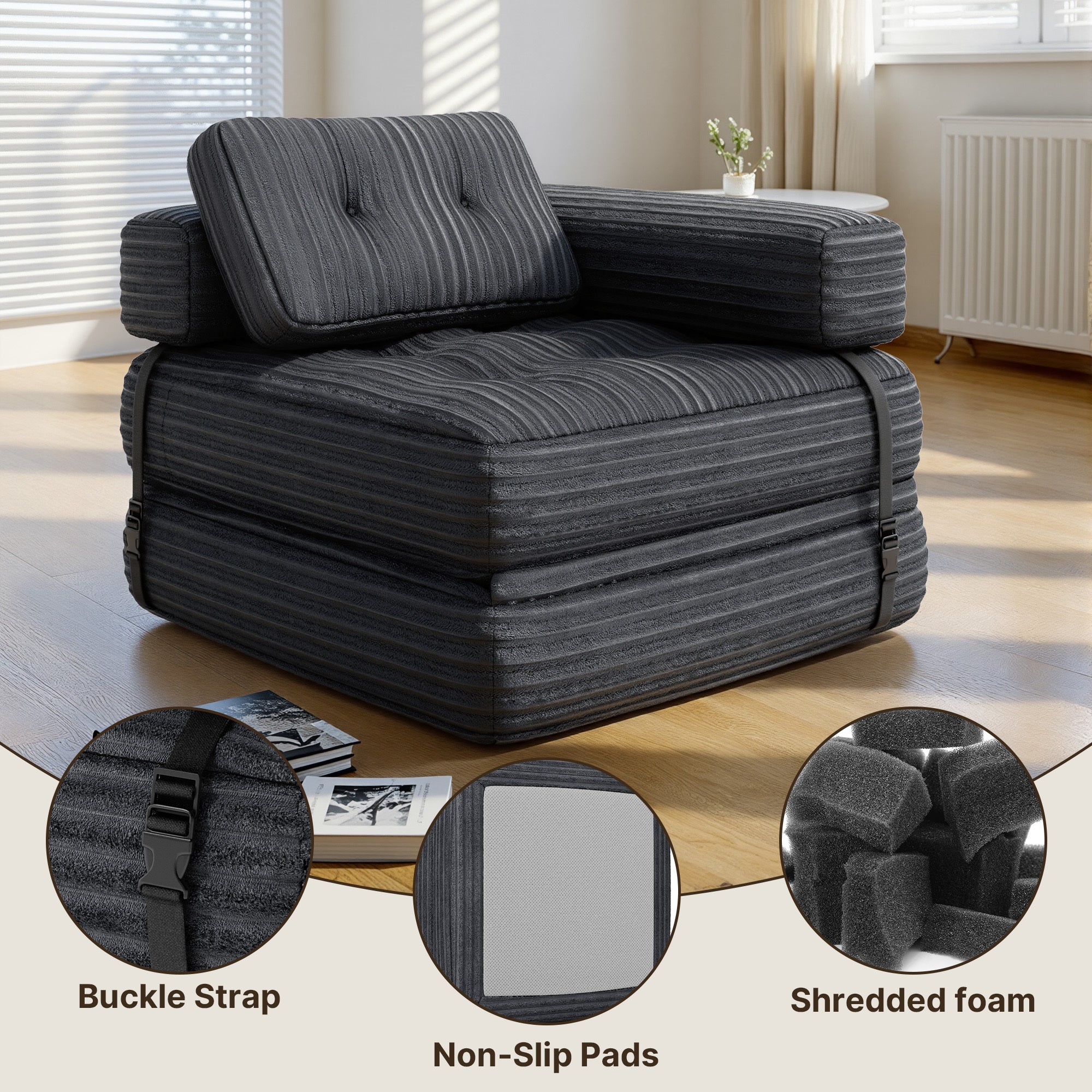 Bealife Canapé Convertible Fauteuil Lit 1 Place en L Gris foncé Velours Côtelé Longue Coussin 85 x 85 cm - 4