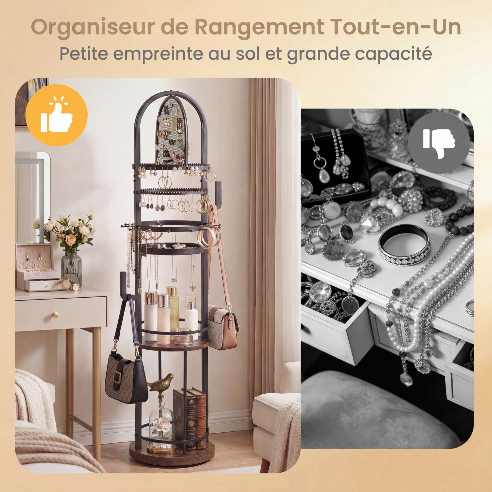 Support de Bijoux sur Pied Rotatif à 360° , Présentoir à Bijoux avec Porte-Boucles d'Oreilles, Colliers et 3 Étagères, Arbre de Rangement, Marron - 5