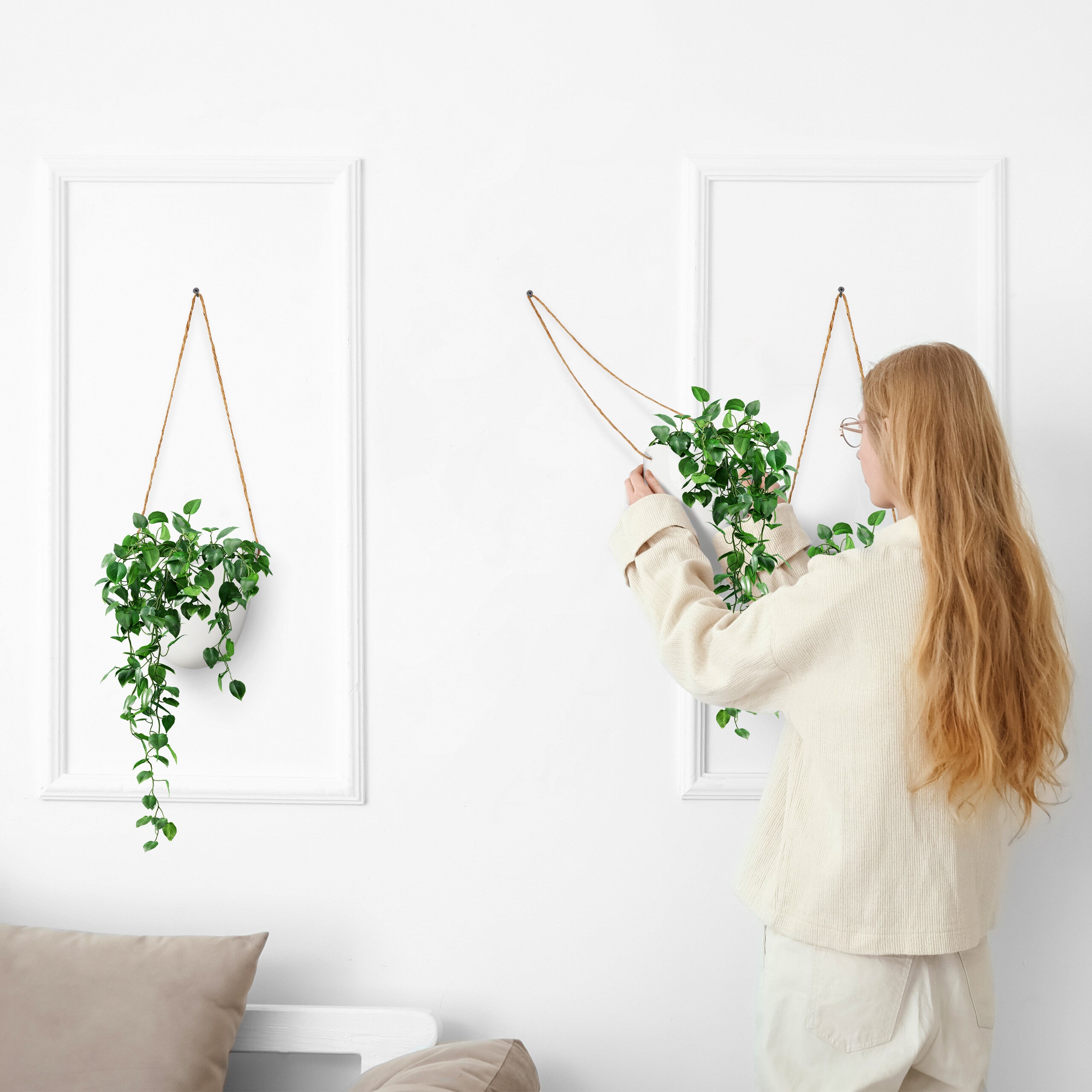 Porte-plantes mural en lot de 3, suspendre grâce à la corde, pour vos trésors verts, intérieur, blanc, Relaxdays - 2