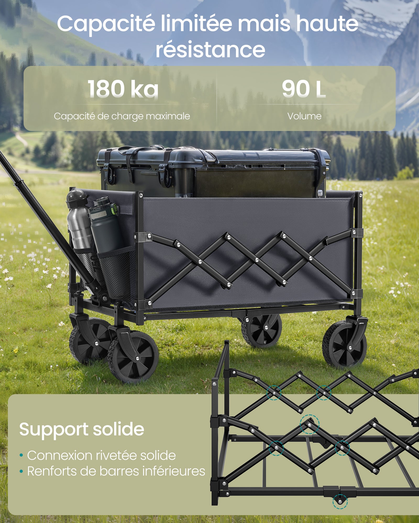 Chariot de Transport Pliable, Chariot de Camping avec Poignée, 4 Roues Renforcées dont 2 Roues Universelles, Charge 180 kg, Gris Ardoise - 3