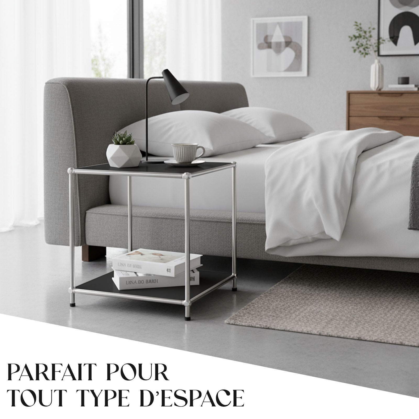 Étagère métal chromé design épuré, Concept Epuré MK-012 : 2 étages, L40 x P40 x H46 cm, Noir - 7